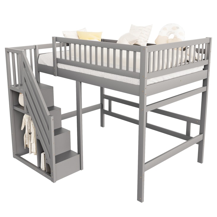 Letto A Castello Basso 140x200 In Legno Con Scale A Cassetti E Recinzione Alta – Colore Grigio, Sicuro Per Bambini