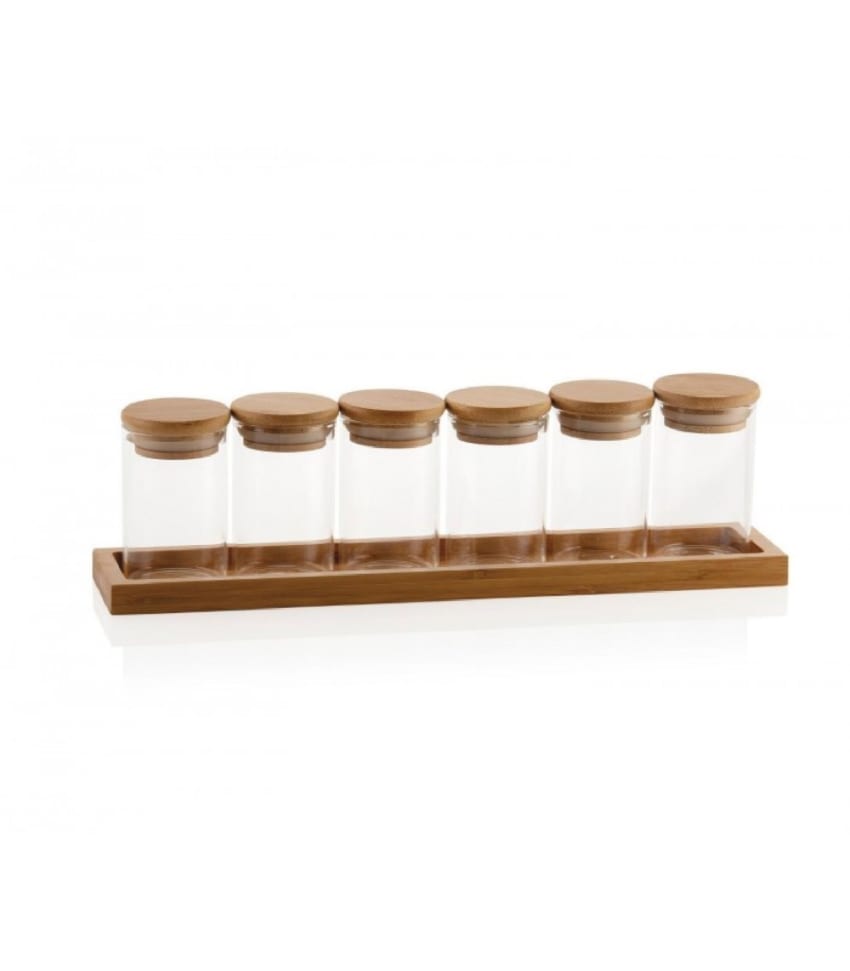 Lot De 3 Pots à épices En Verre Avec Couvercle Bambou - 250 Ml, Avec Cuillères Et Plateau - Rangement Cuisine - 7