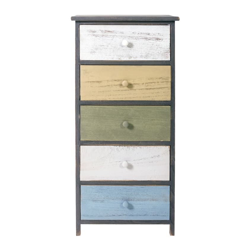 Cassettiera In Legno 5 Cassetti | 40x29x90 Cm | Design Bianco E Legno Naturale | Per Soggiorno, Camera, Ingresso