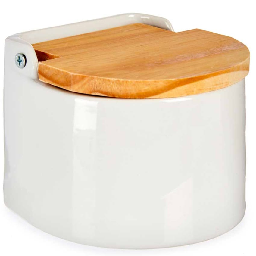 Pot à Sel En Céramique Carré Avec Couvercle Bambou - 8,8 X 8,8 X 8,8 Cm - Pour Sel, Sucre, épices - Couleur Blanc