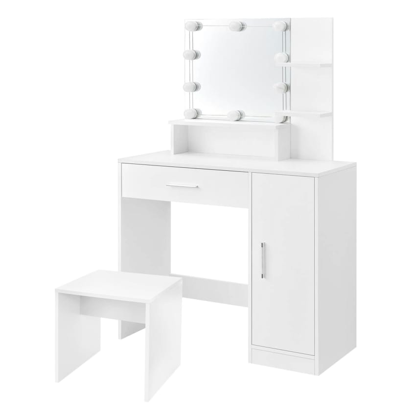 JOZZY Toeletta Trucco,80/100 cm con Specchio Illuminato a LED, Sgabello e 3 cassetti, vanità per organizzatore di Gioielli, Mobile per Camera da Letto comò Trucco