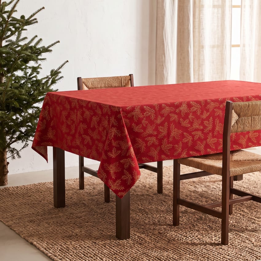 Jacquard Weihnachtstischdecke aus Baumwolle, Rot 140x240 cm Holly