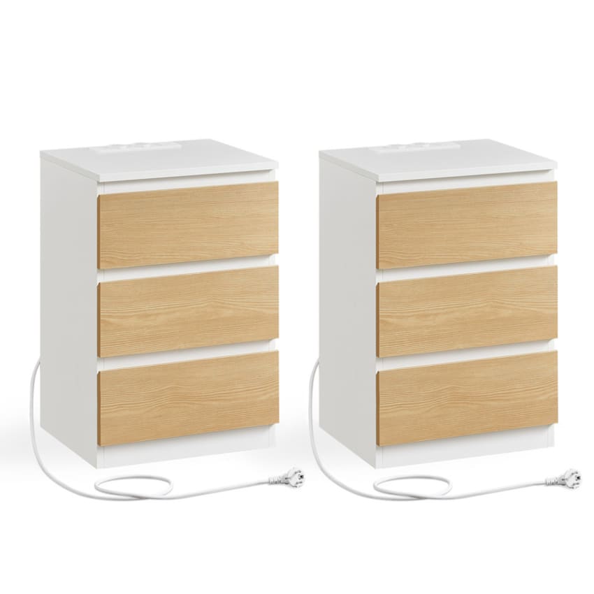 Table De Chevet MUTUN Avec Station De Charge - 2 Prises + 2 USB, LED RGB, 3 Tiroirs Et Étagères (Blanc)