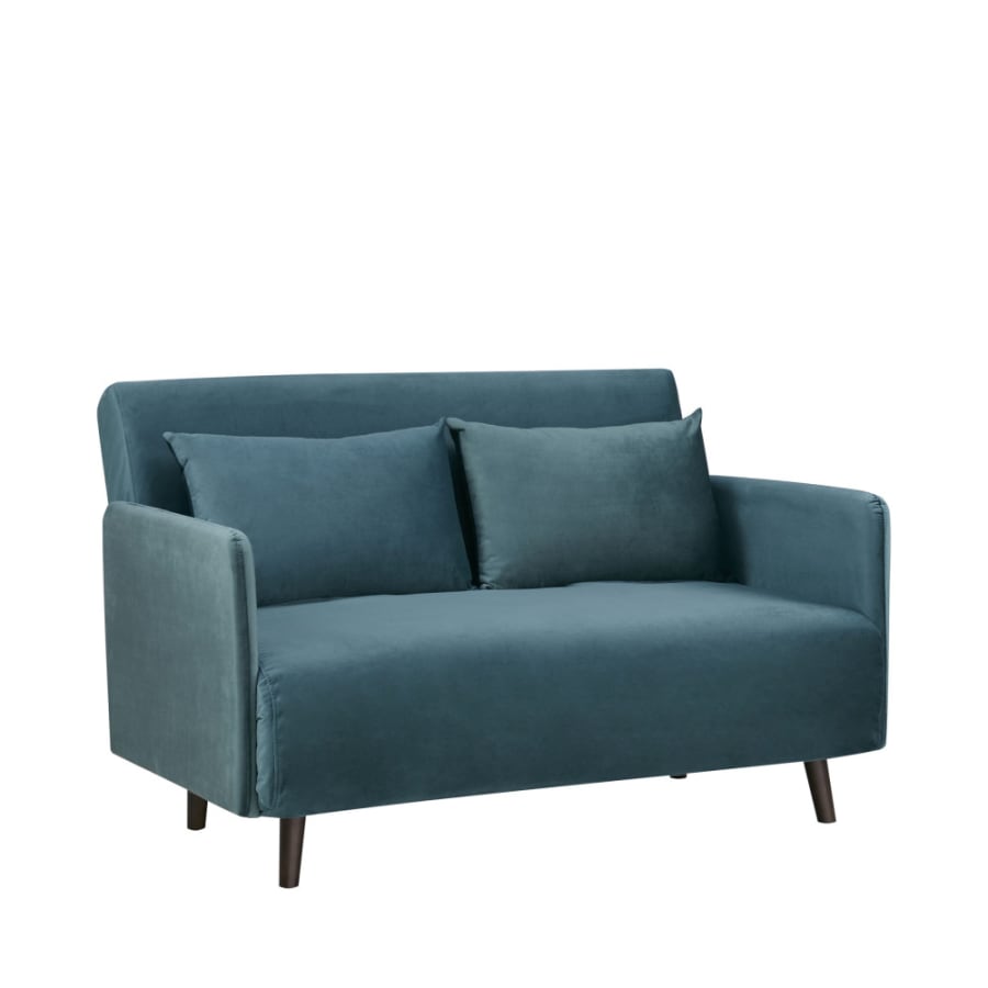 Canapé Belushi Drawer, coloris velours pieds bois foncé - bleu canard