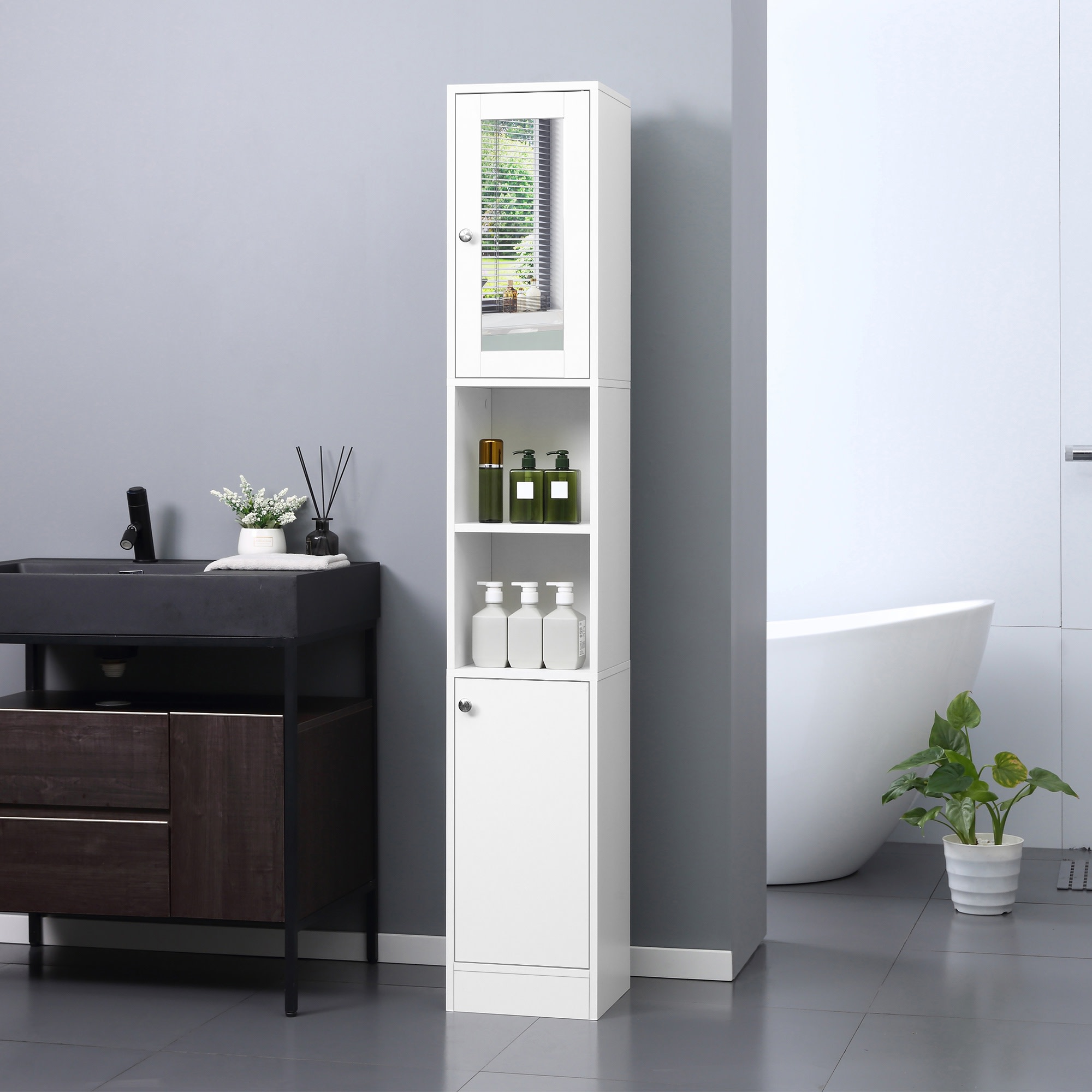 Armario alto de baño giratorio con espejo de melamina de madera y acero  inoxidable de 36x171 cm en color blanco Kleankin