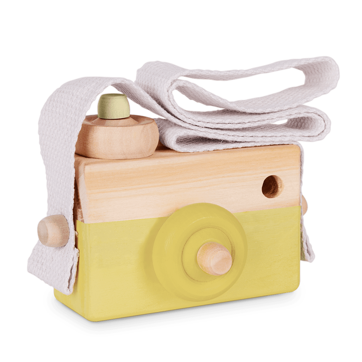 Macchina fotografica per bambini in legno naturale giallo