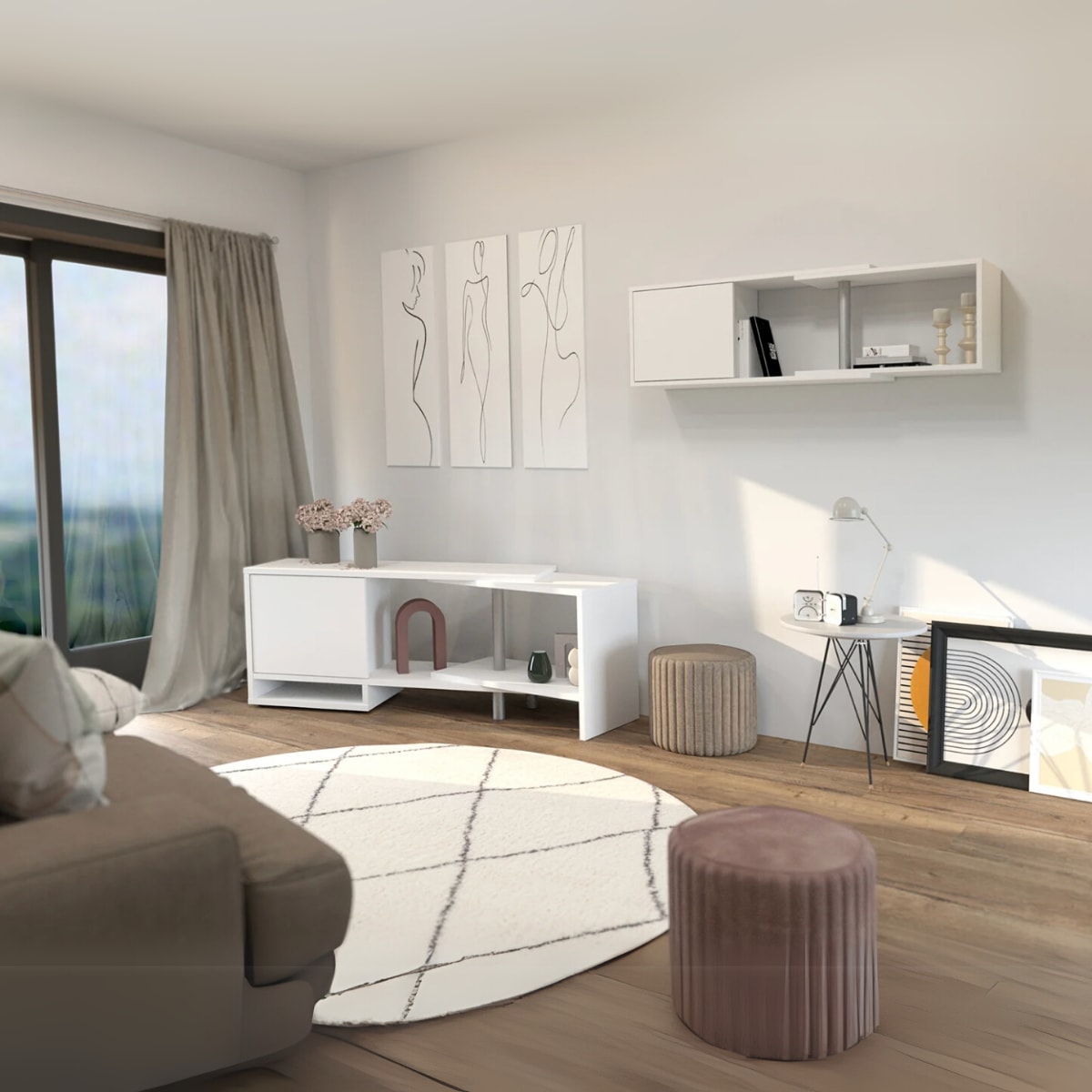 Meuble TV d'Angle Modulable Blanc avec pivot en métal