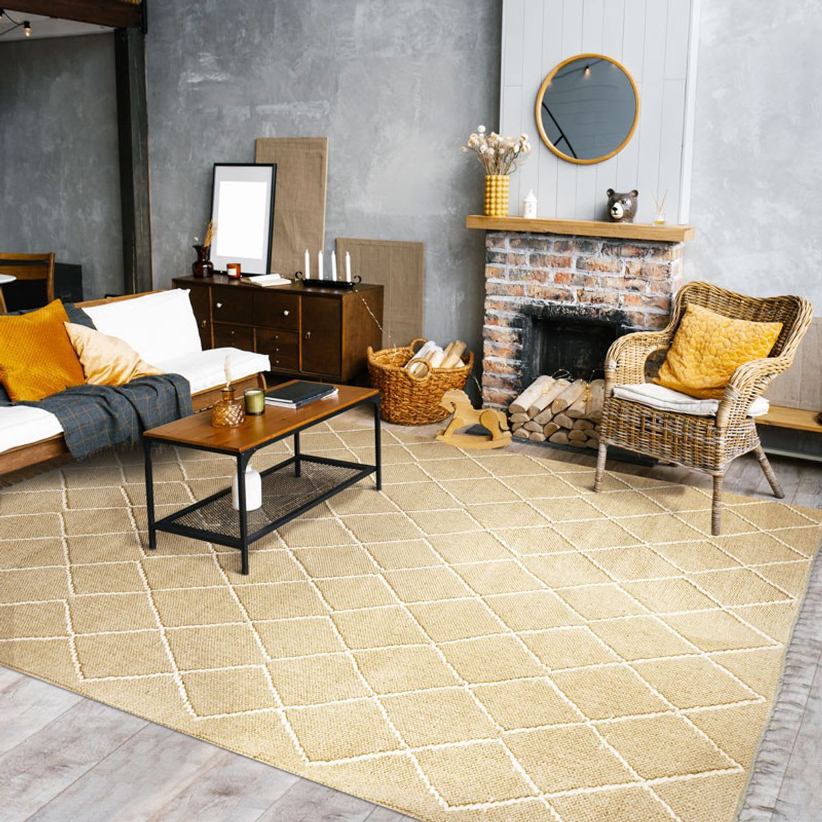 Tappeto con motivi a croce in lana spessa beige 120x170 Boho