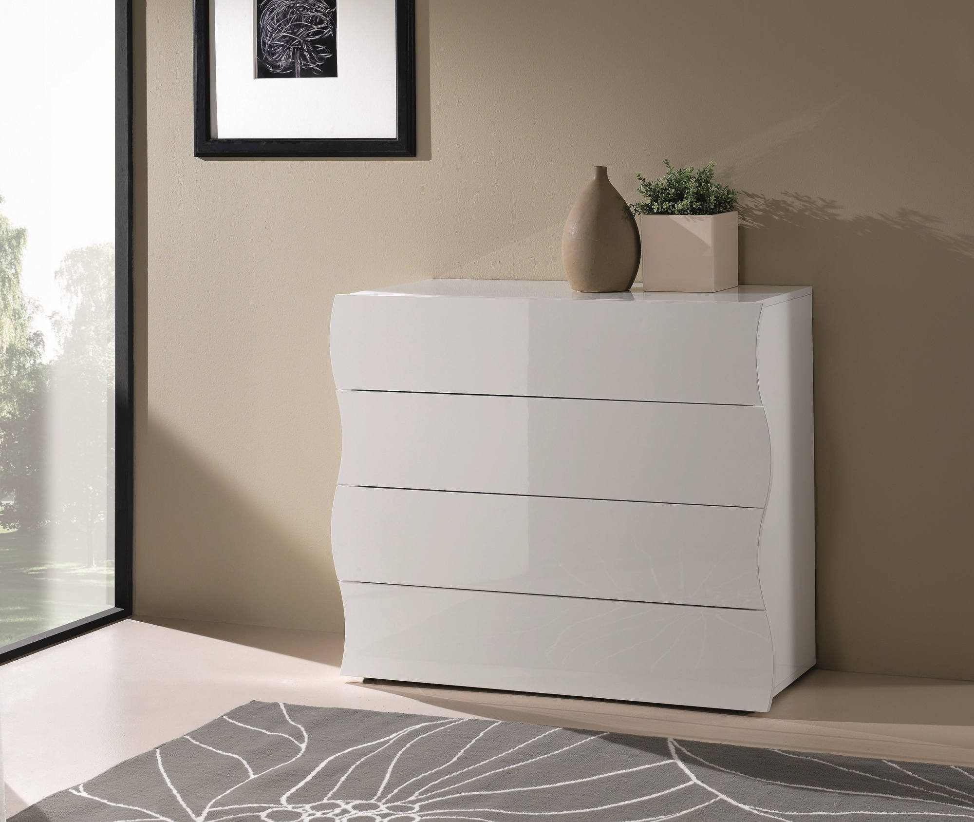 Comò a 4 cassetti effetto legno bianco lucido 98x40h82 cm MATTIA