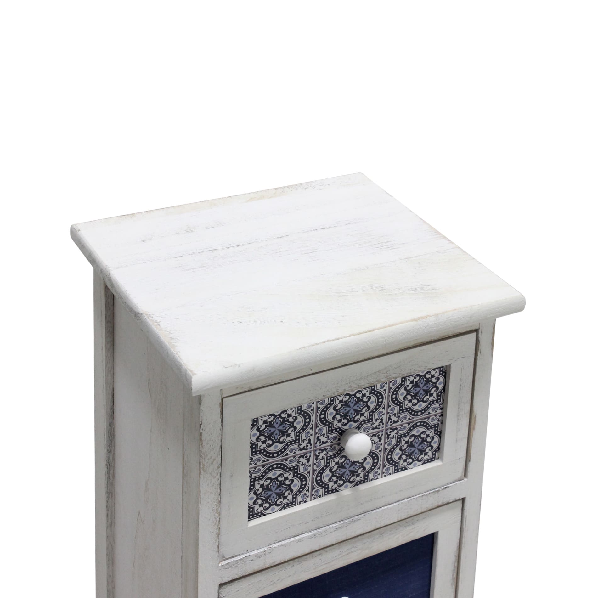 Cassettiera stretta con 4 cassetti in legno bianco e blu e grigio