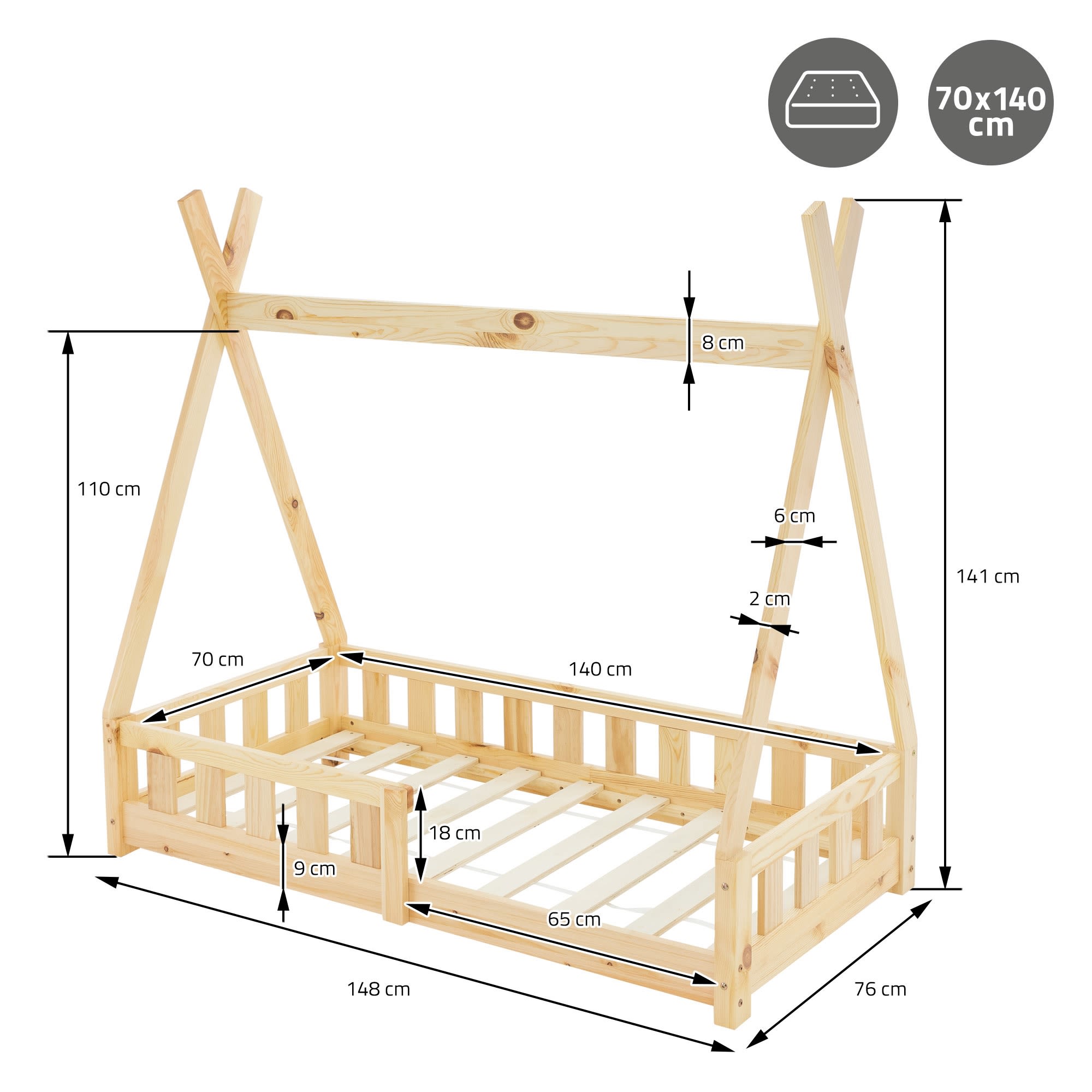 Lettino per bambini tenda indiana legno naturale 140x70cm