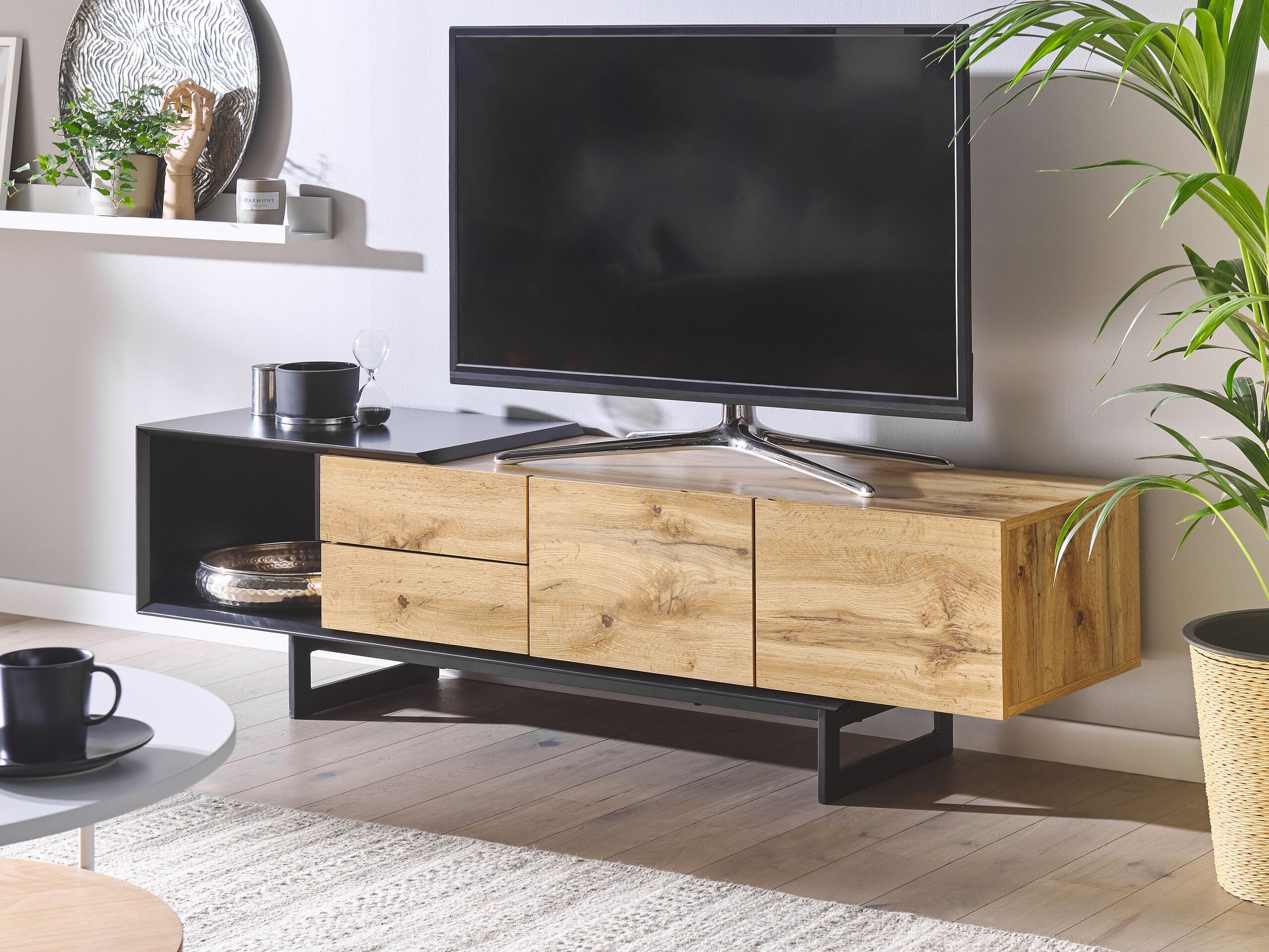Mueble TV madera clara/negro 160 x 40 cm CLAREMONT 