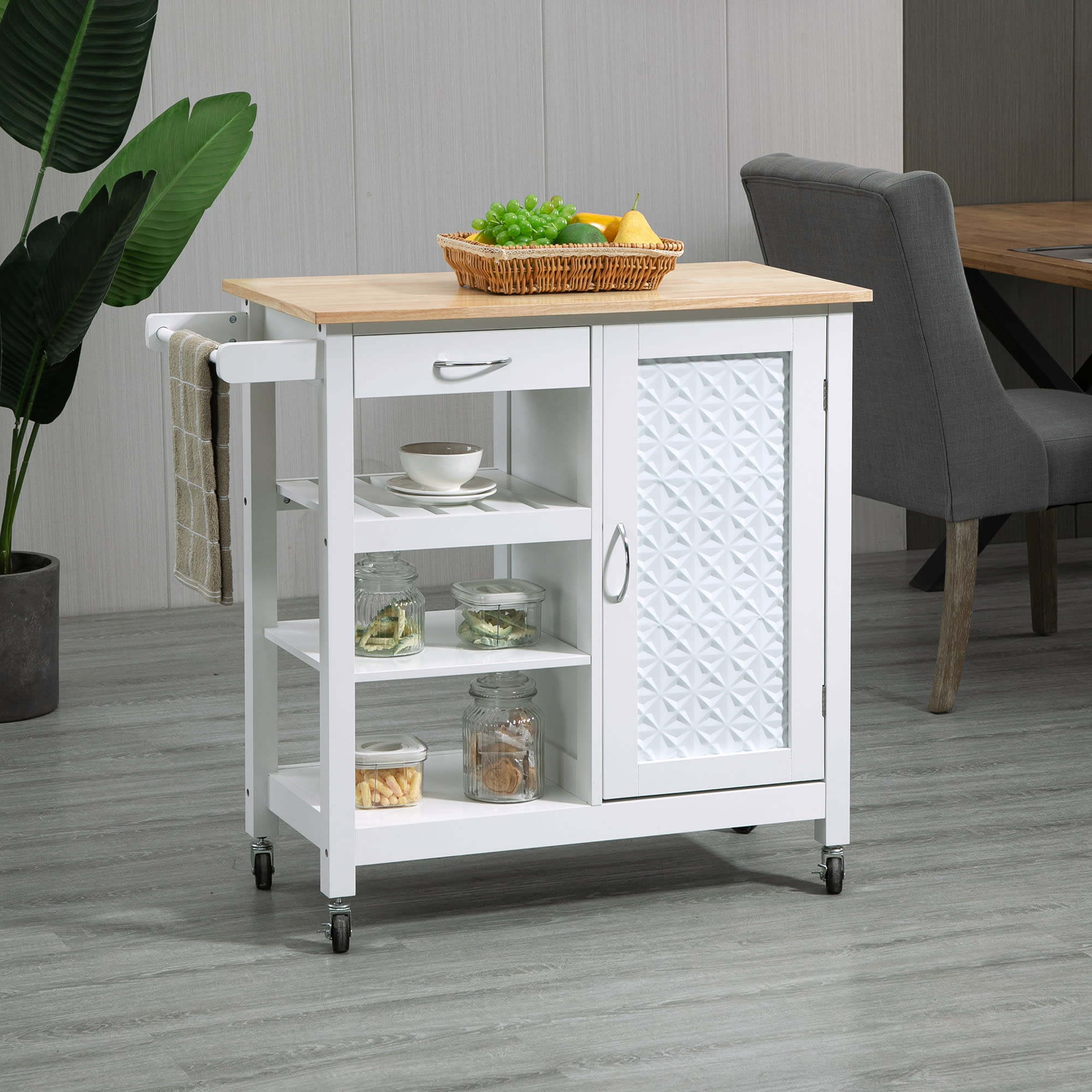 HOMCOM Carrello da Cucina con Cassetto, Armadietto e Ripiano 3 Livelli