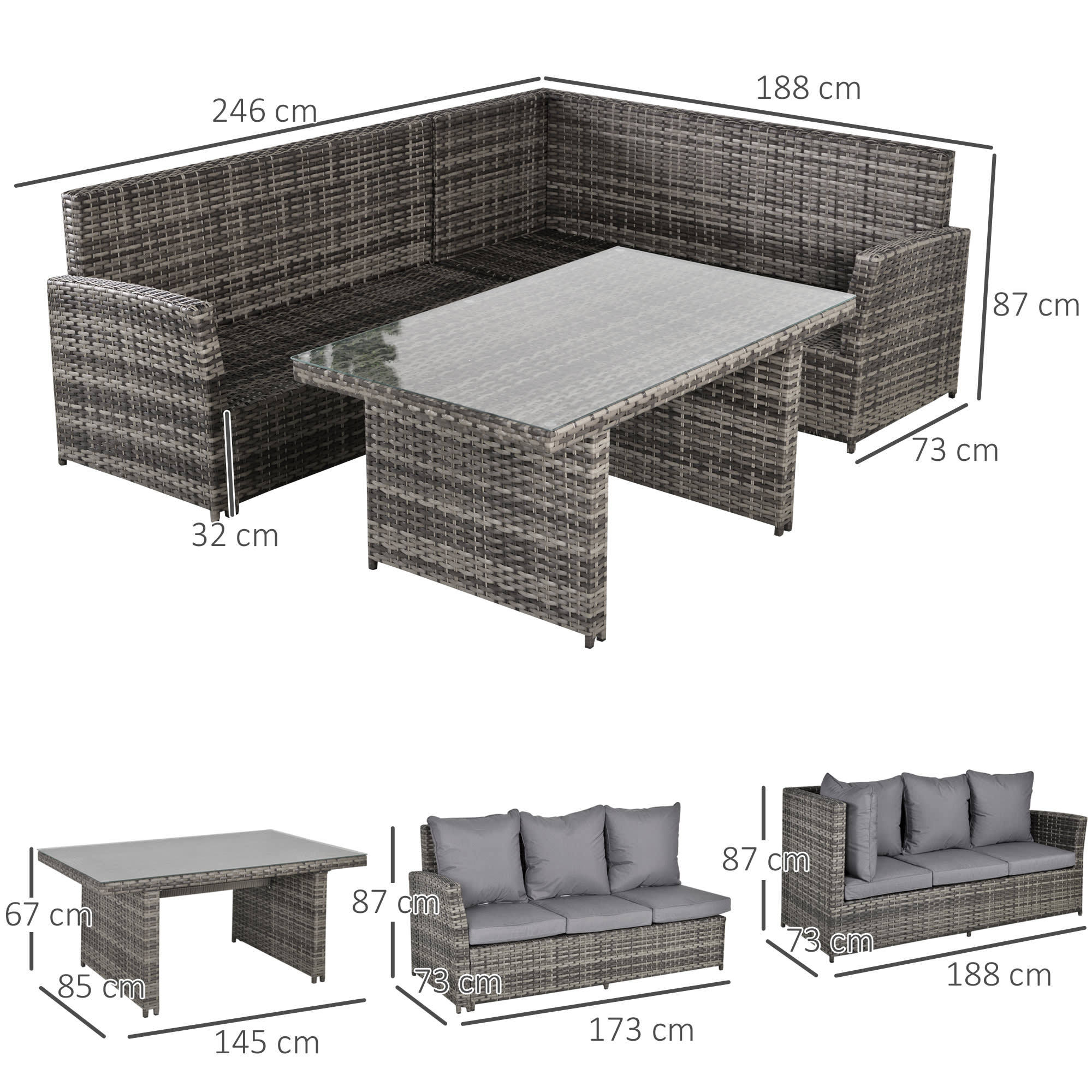 DecHome Set Salotto da Giardino in Rattan PE con Divano 3 Posti 2 Poltrone  2 Sgabelli e Tavolo Grigio - 198860