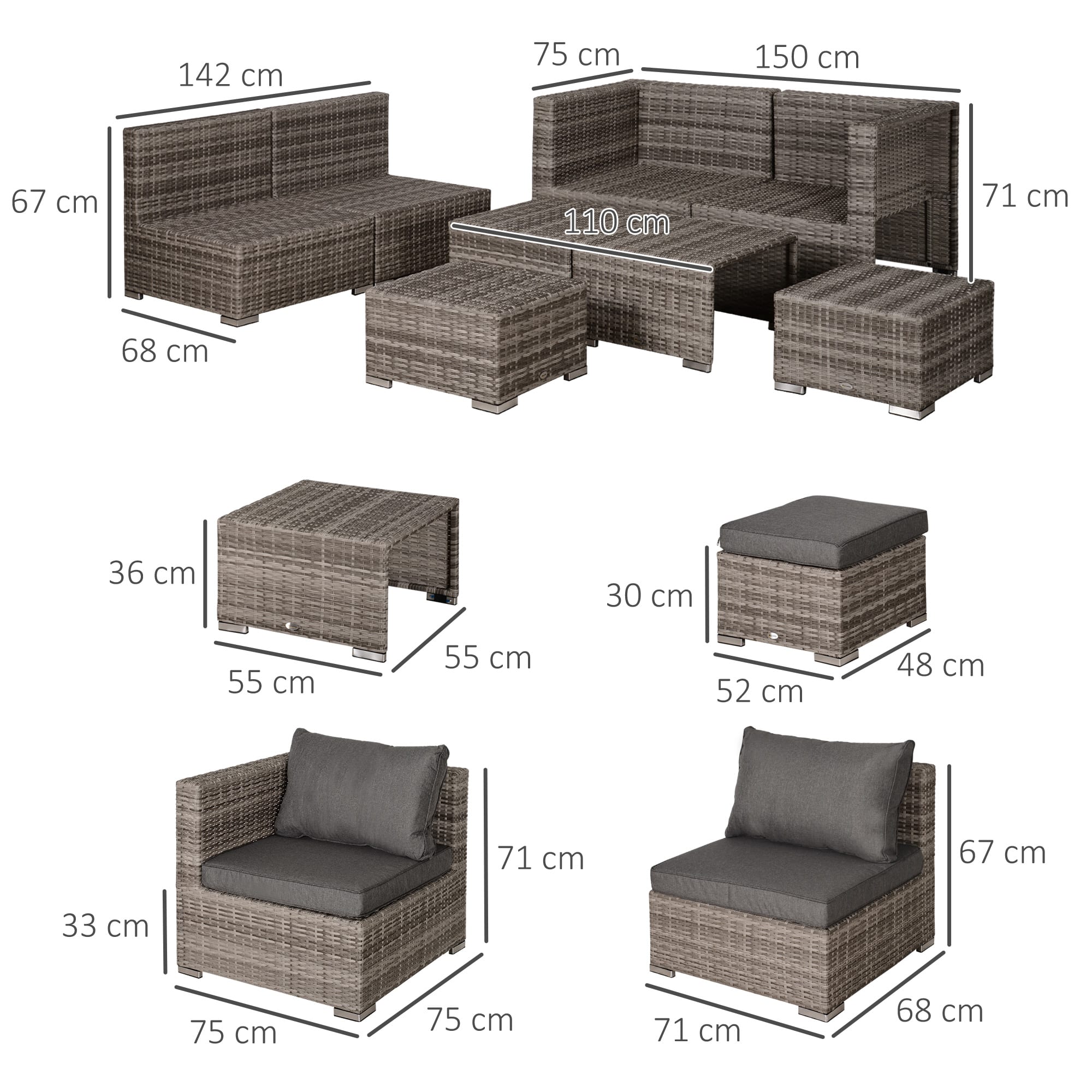 Mobili da esterno 8 pezzi set mobili da giardino in rattan pe