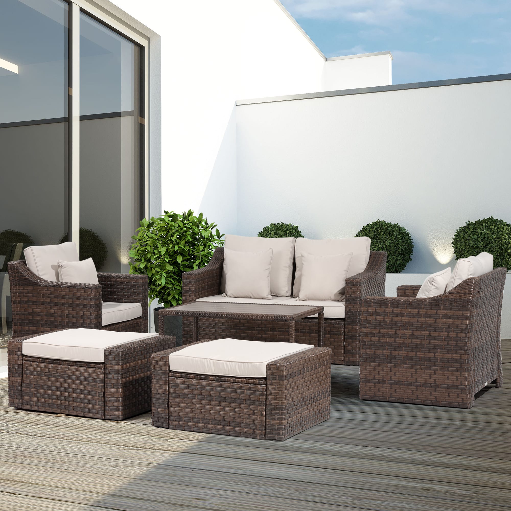 Outsunny Set Mobili da Giardino 6 Pezzi in Rattan, Salotto da