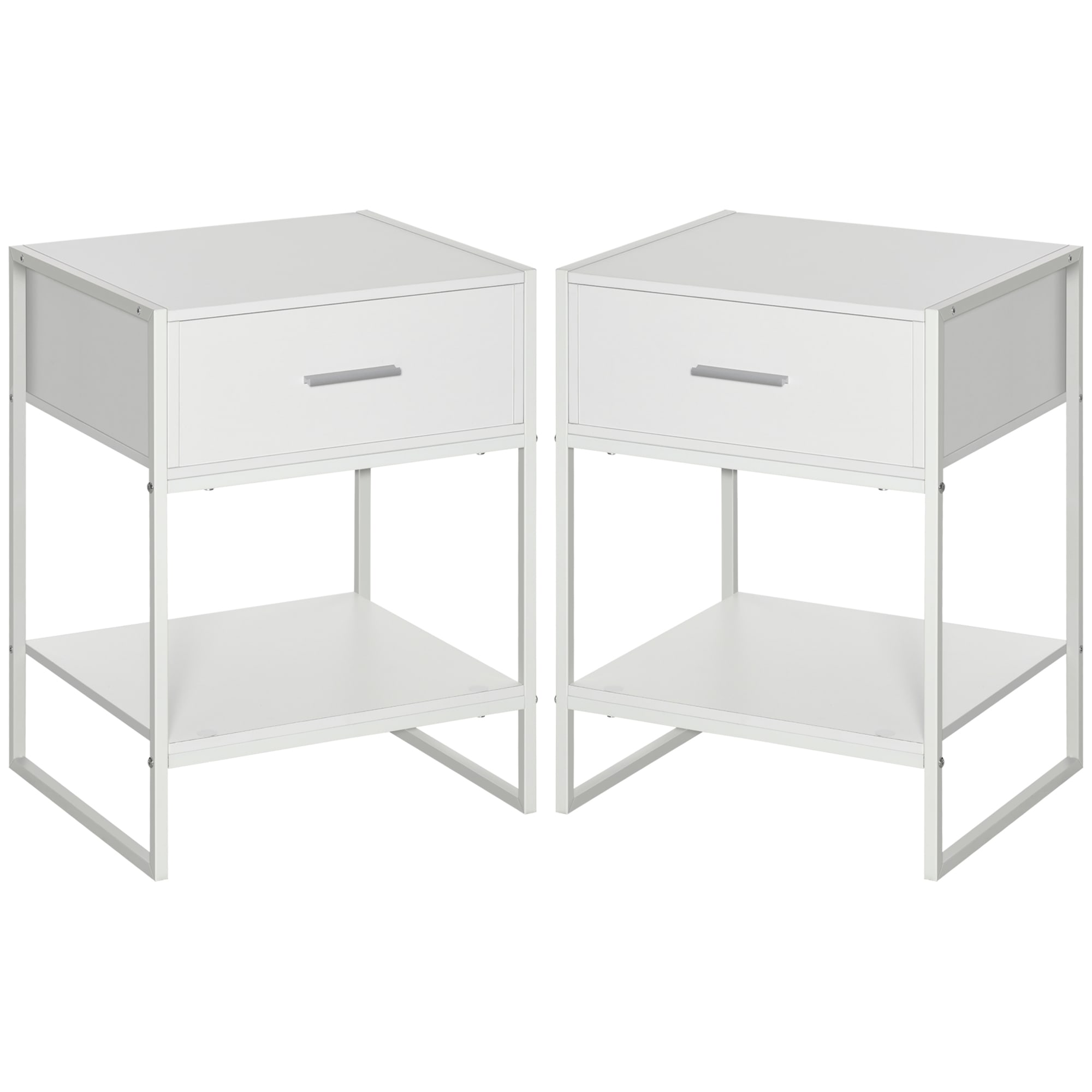 Comodino moderno set 2 pezzi con cassetto e ripiano mdf acciaio bianco