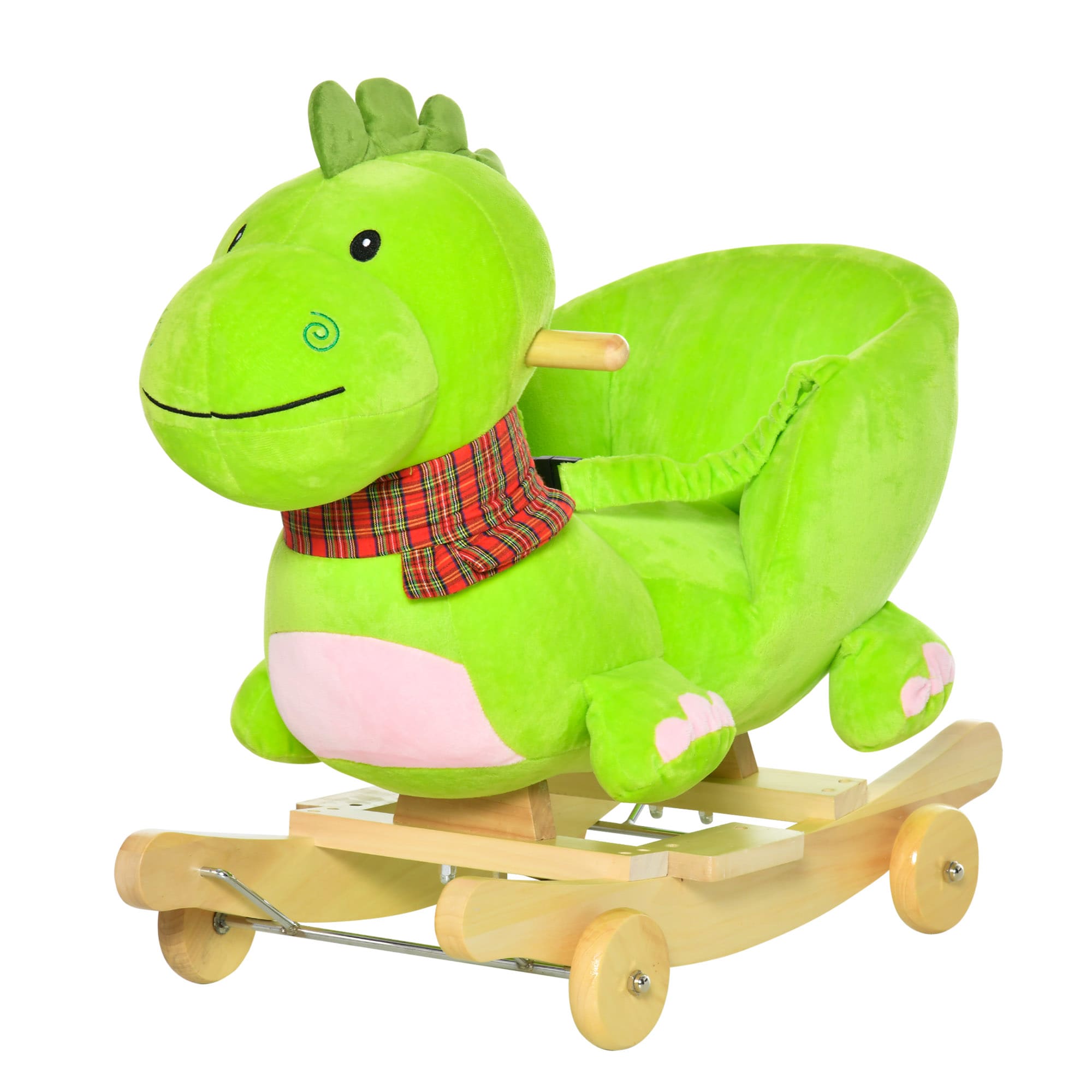 Cavallo a dondolo a forma di drago per bambini in legno peluche verde