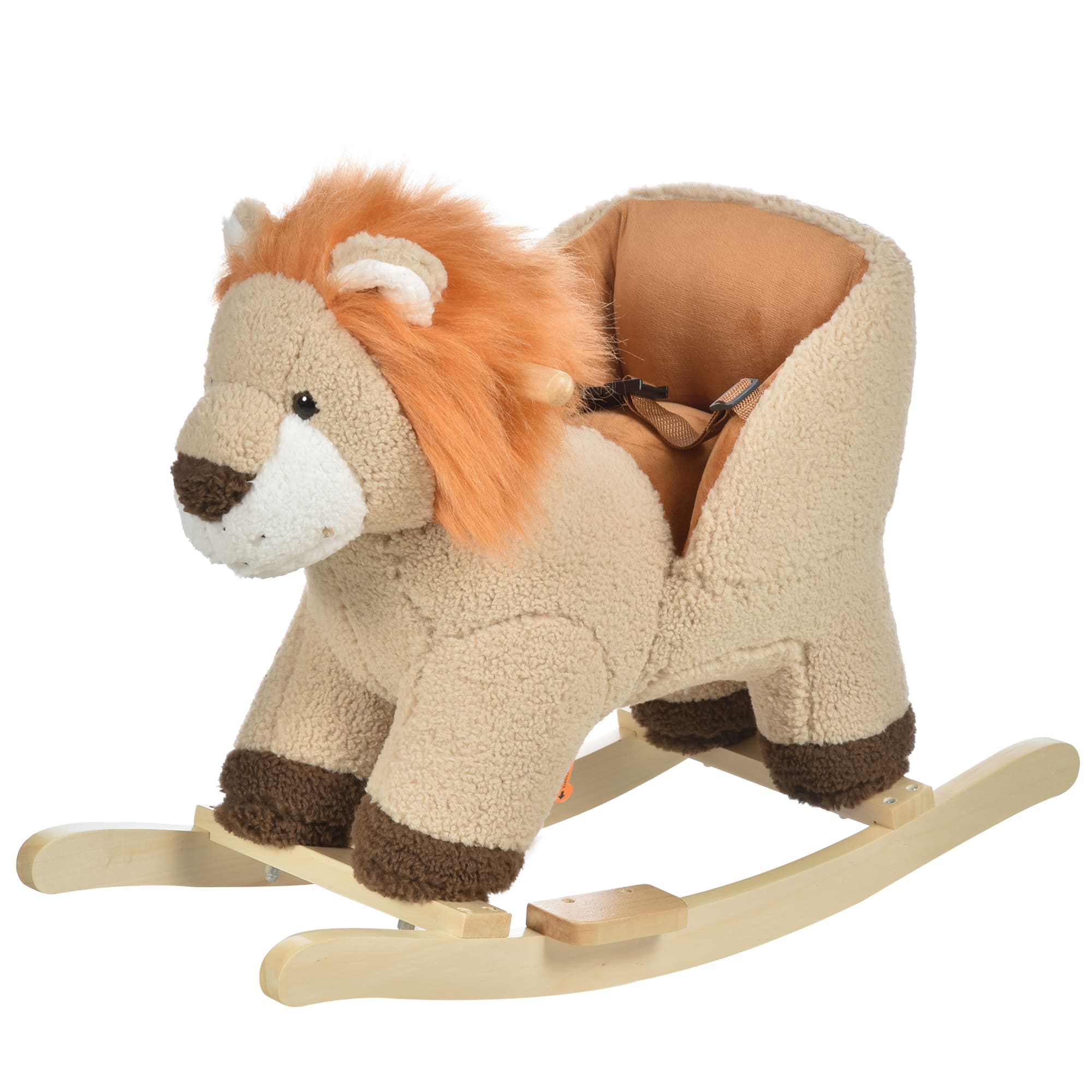 Dondolo giocattolo leone per bambini ruggisce legno e peluche marrone