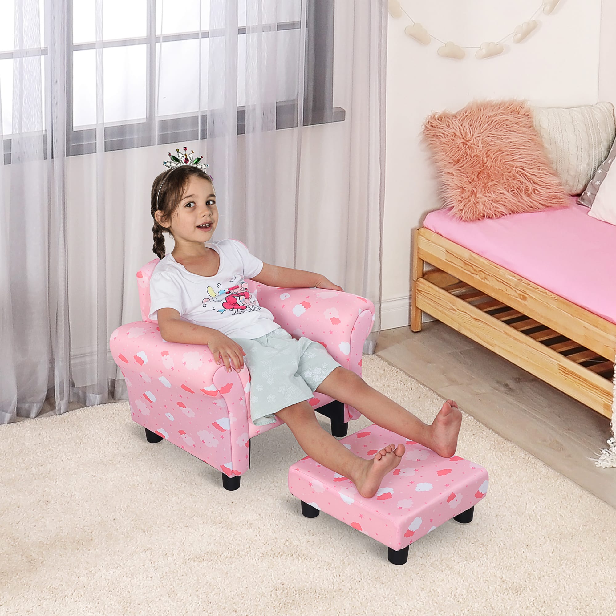 Poltroncina per bambini con poggiapiedi estraibile legno rosa bianco