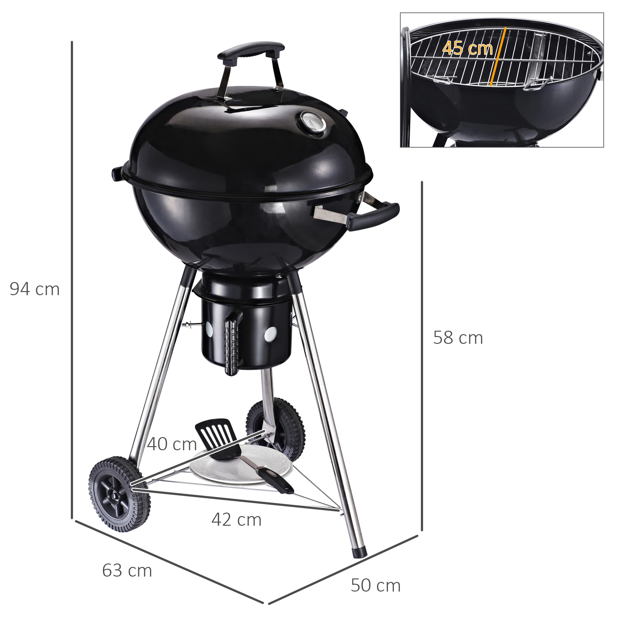 Barbecue coperchio con termometro e ripiano inferiore in ghisa nero OUTSUNNY