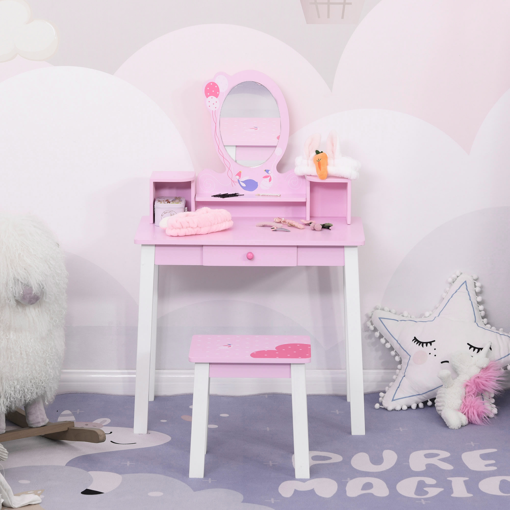 Toeletta per bambine set tavolo da trucco giocattolo in legno rosa