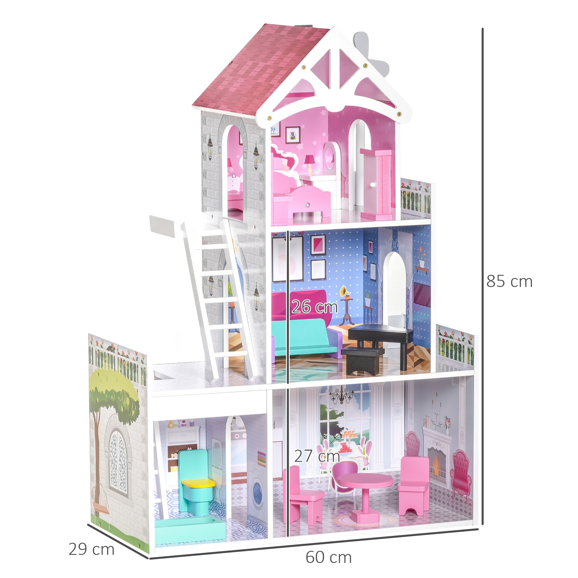 Casa delle bambole a 3 piani con scale accessori per bambini mdf rosa