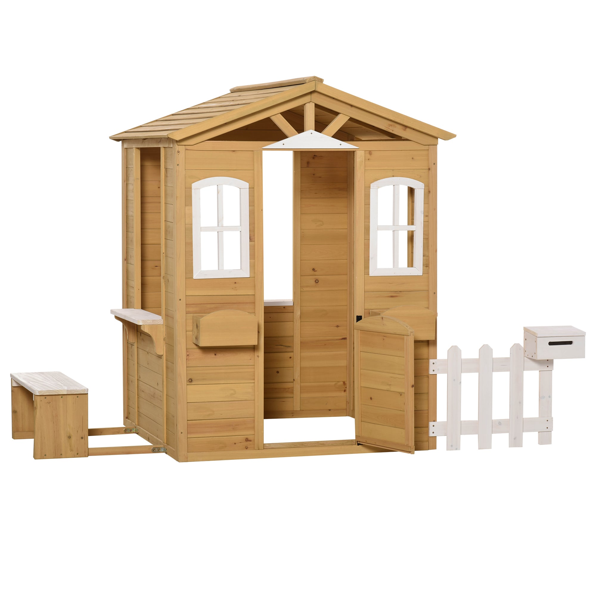 Casetta per bambini con finestre e panca legno naturale bianco