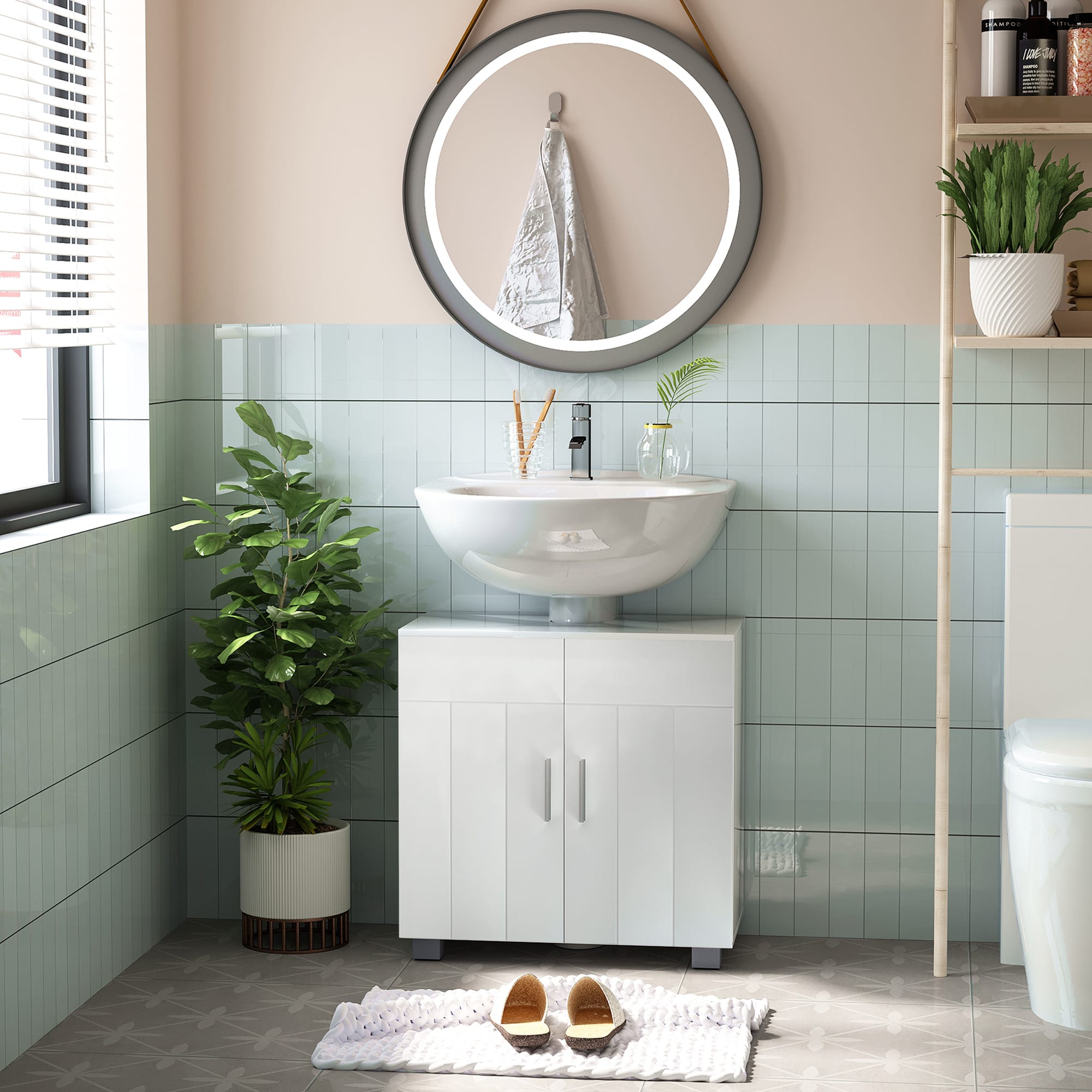 Mobile sotto lavabo bagno a u con 2 ante e ripiano in mdf bianco