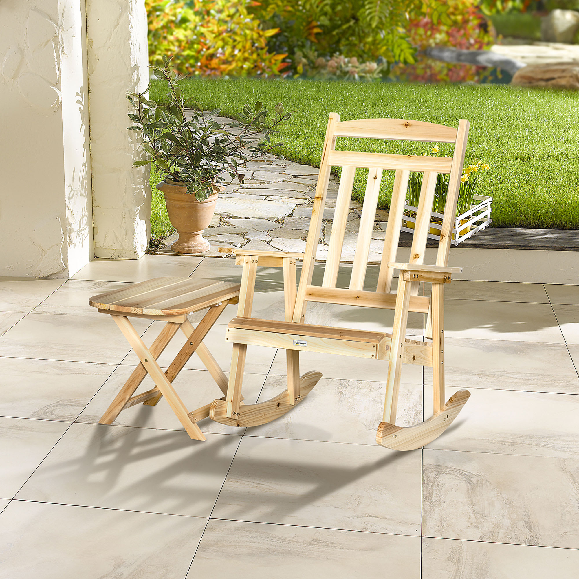 Sedia a dondolo da giardino ergonomico legno color legno OUTSUNNY