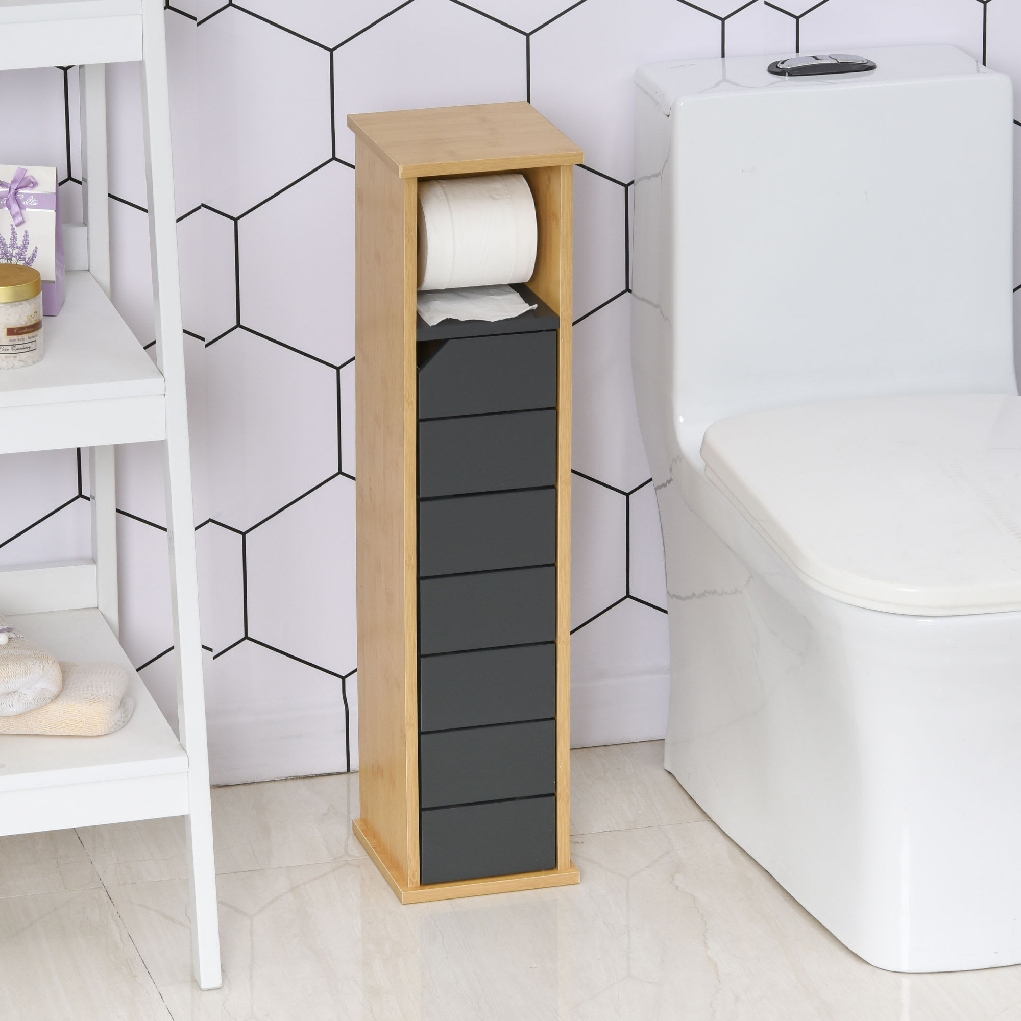 Mobiletto a colonna per bagno bambù e legno grigio