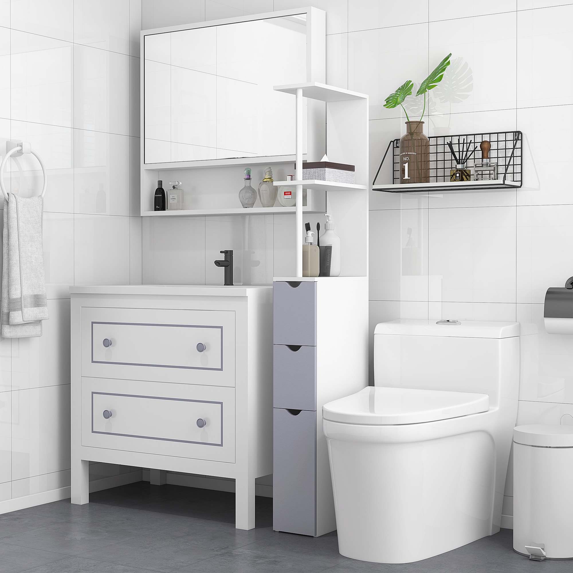 HOMCOM Mobiletto salvaspazio da bagno in Legno con Ripiano e 2 cassetti, Bianco 16x52x66cm