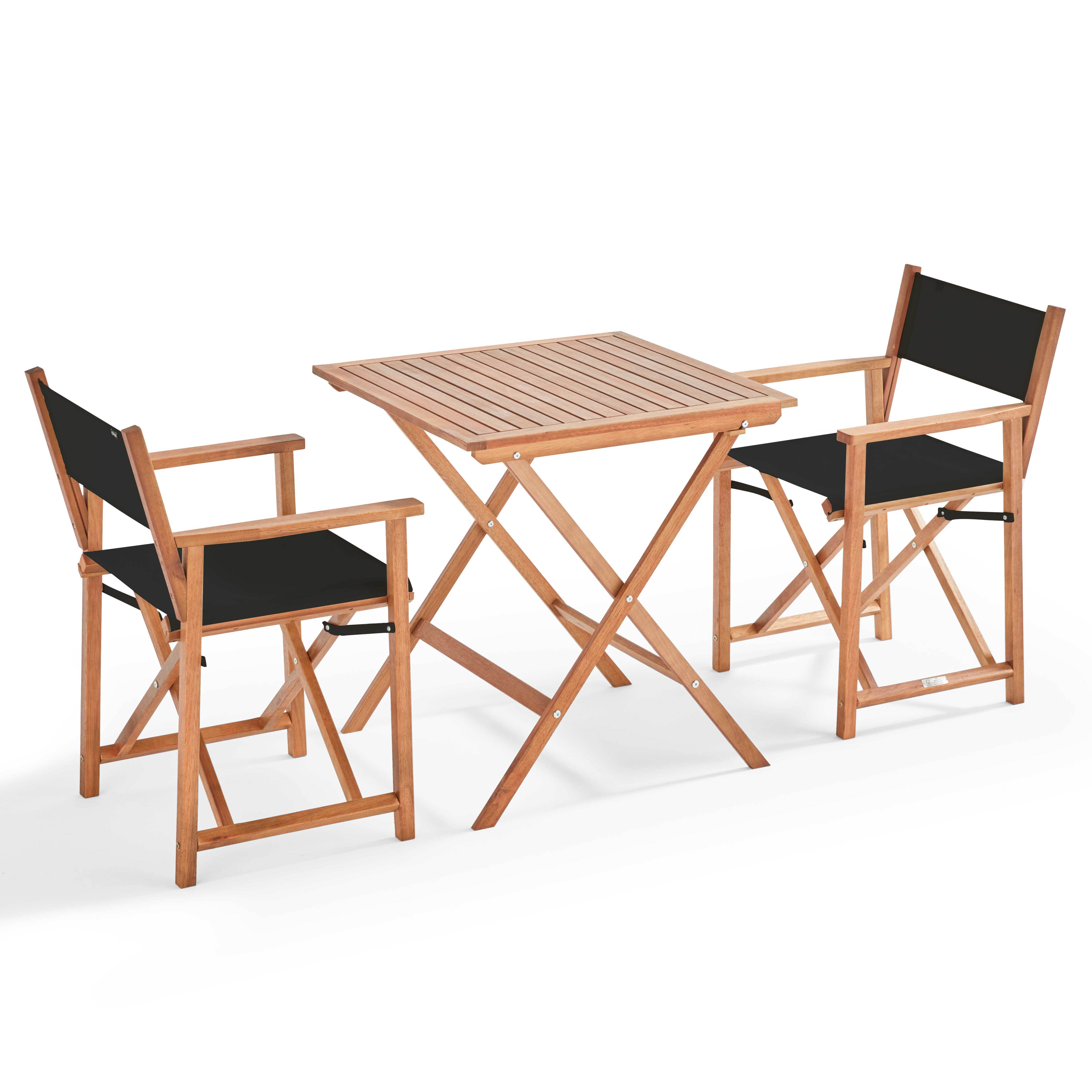 Set bistrot tavolo pieghevole 70x70 cm e 2 sedie pieghevoli con braccioli  in legno di acacia