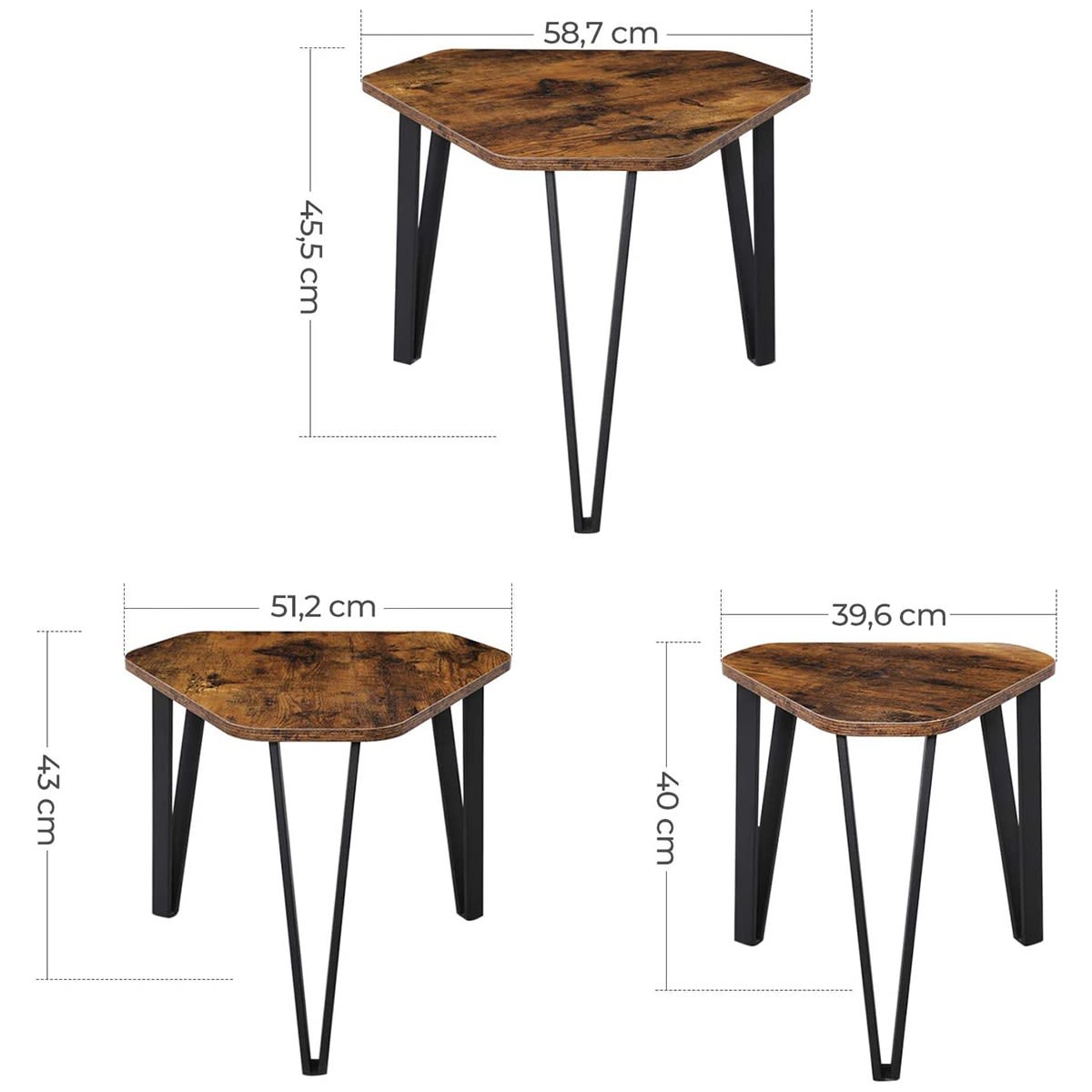 set di 3 tavoli estraibili con gambe in acciaio e in legno rustico