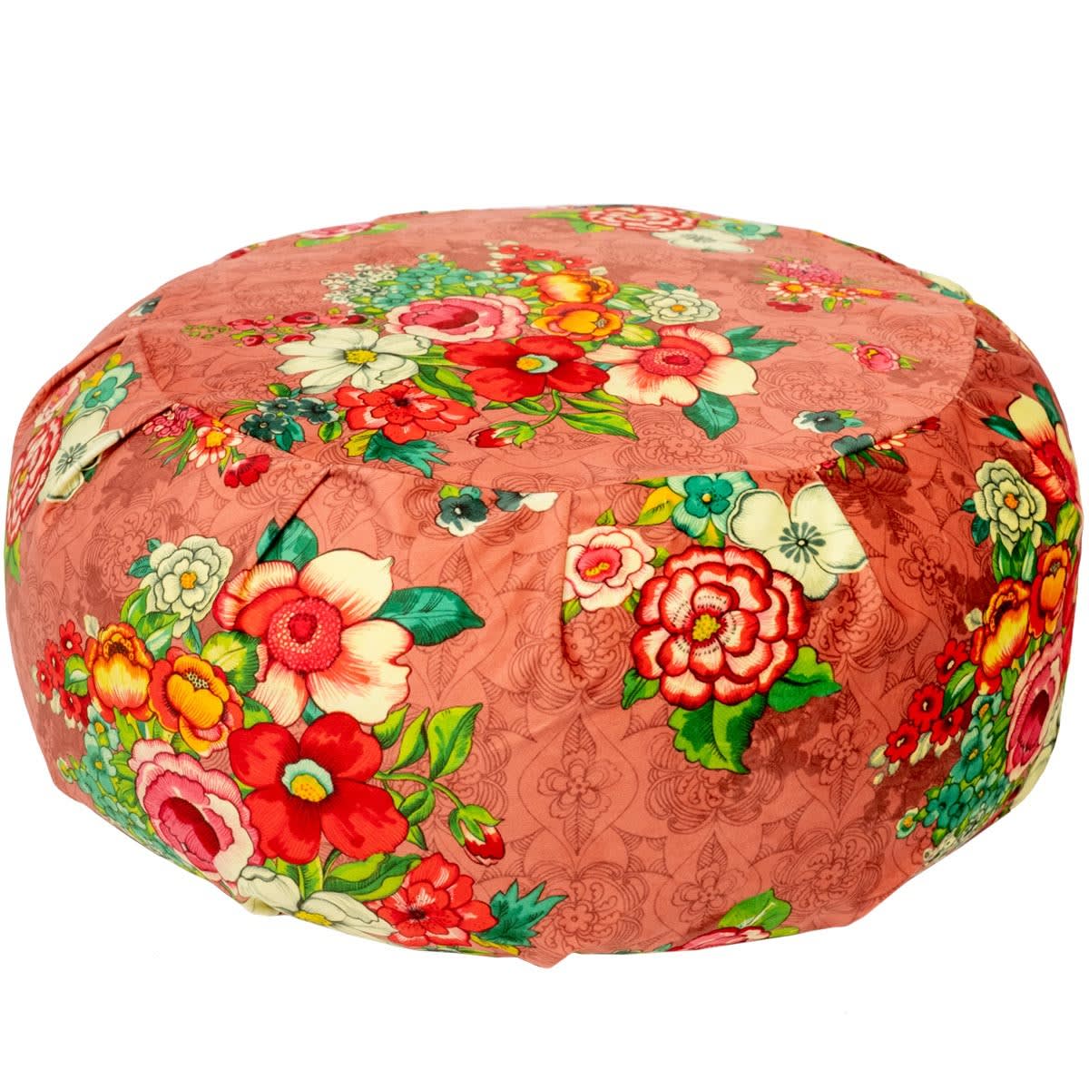 Grande pouf rotondo in velluto stampato a fiori rosa