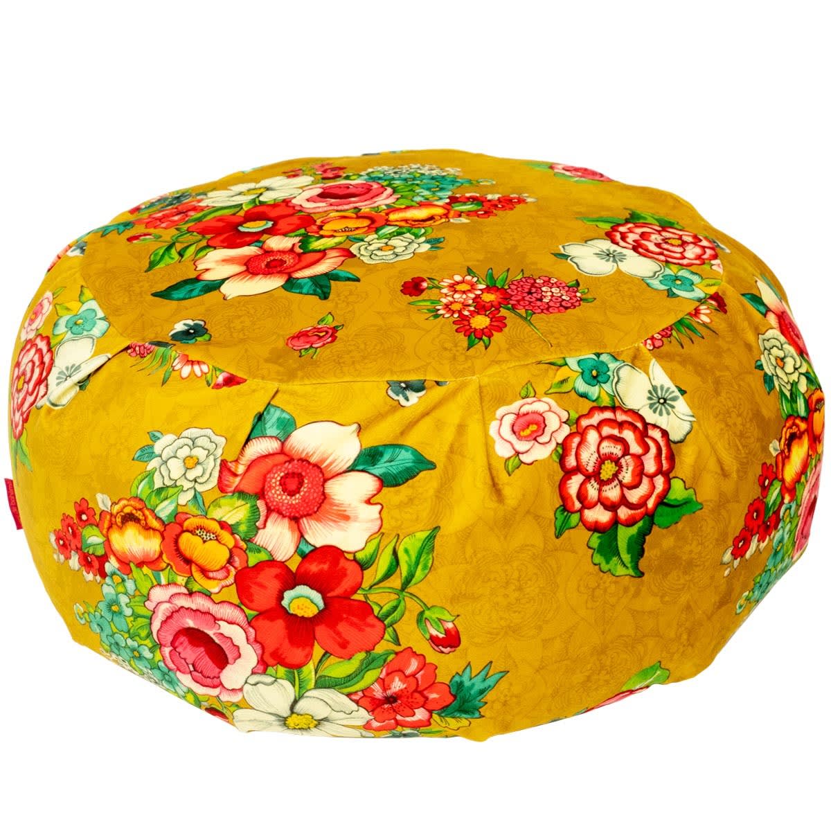 Grande pouf rotondo in velluto stampato a fiori arancione