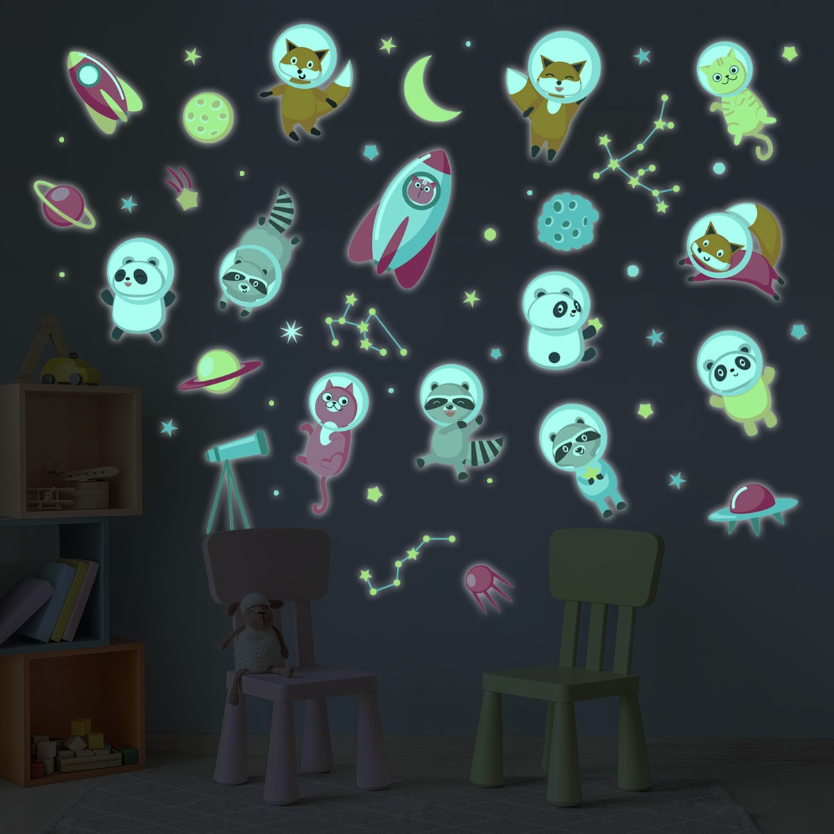 Sticker phosphorescent lumineux - MONTGOLFIÈRES ET ANIMAUX SALTIMBANQUES -  Autocollant mural plafond enfant fluorescent - 50x70cm