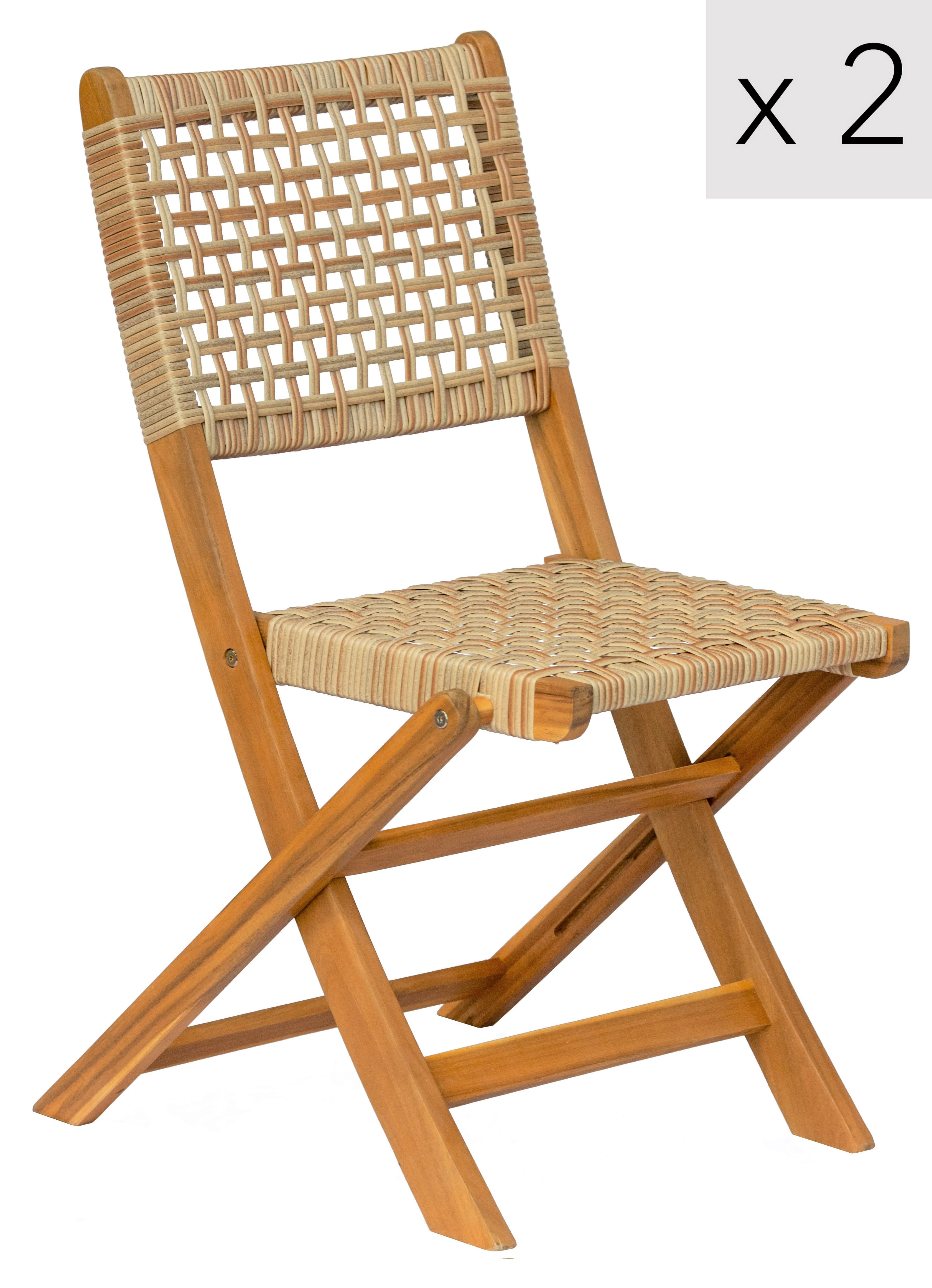 Lote de 2 sillas plegables de madera de Acacia y mimbre sintético