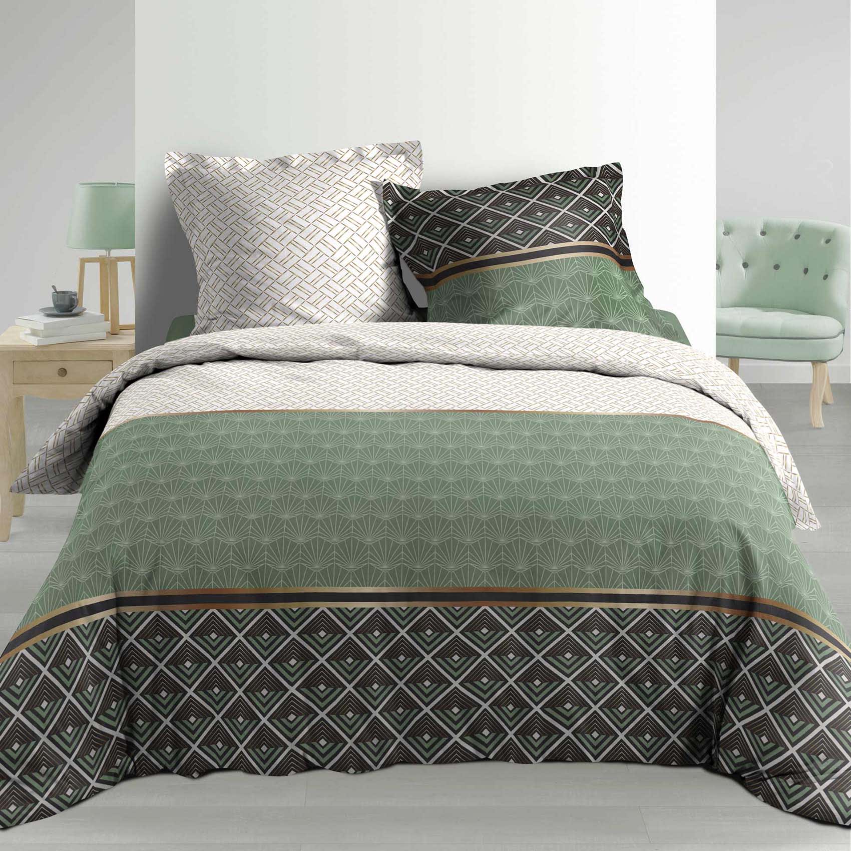 Parure de lit en coton vert 200x220 avec parure de fleurs 4 PIECES - Linge  de lit 
