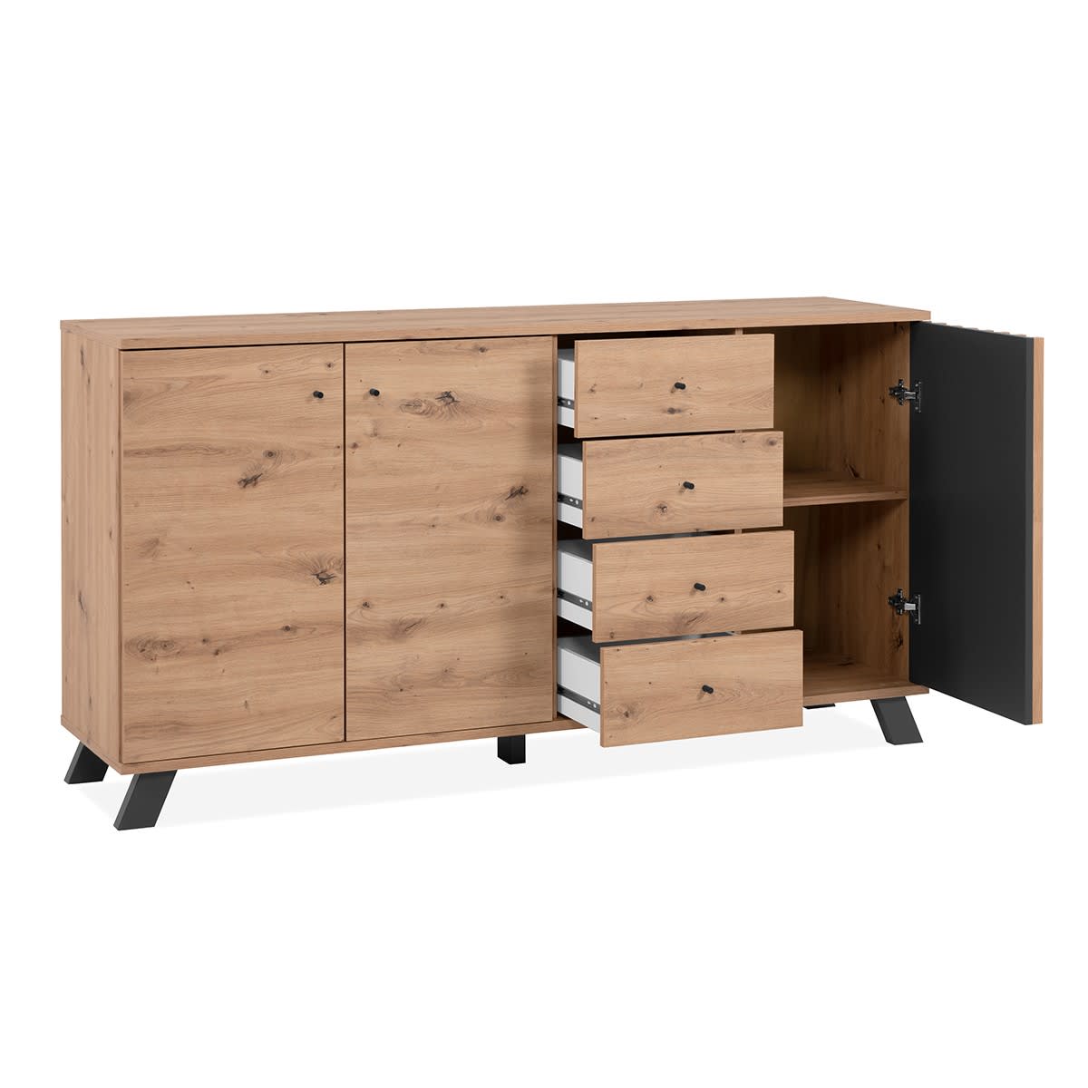 Credenza a 3 ante con 4 cassetti decorazione in rovere, L160 cm Lublin