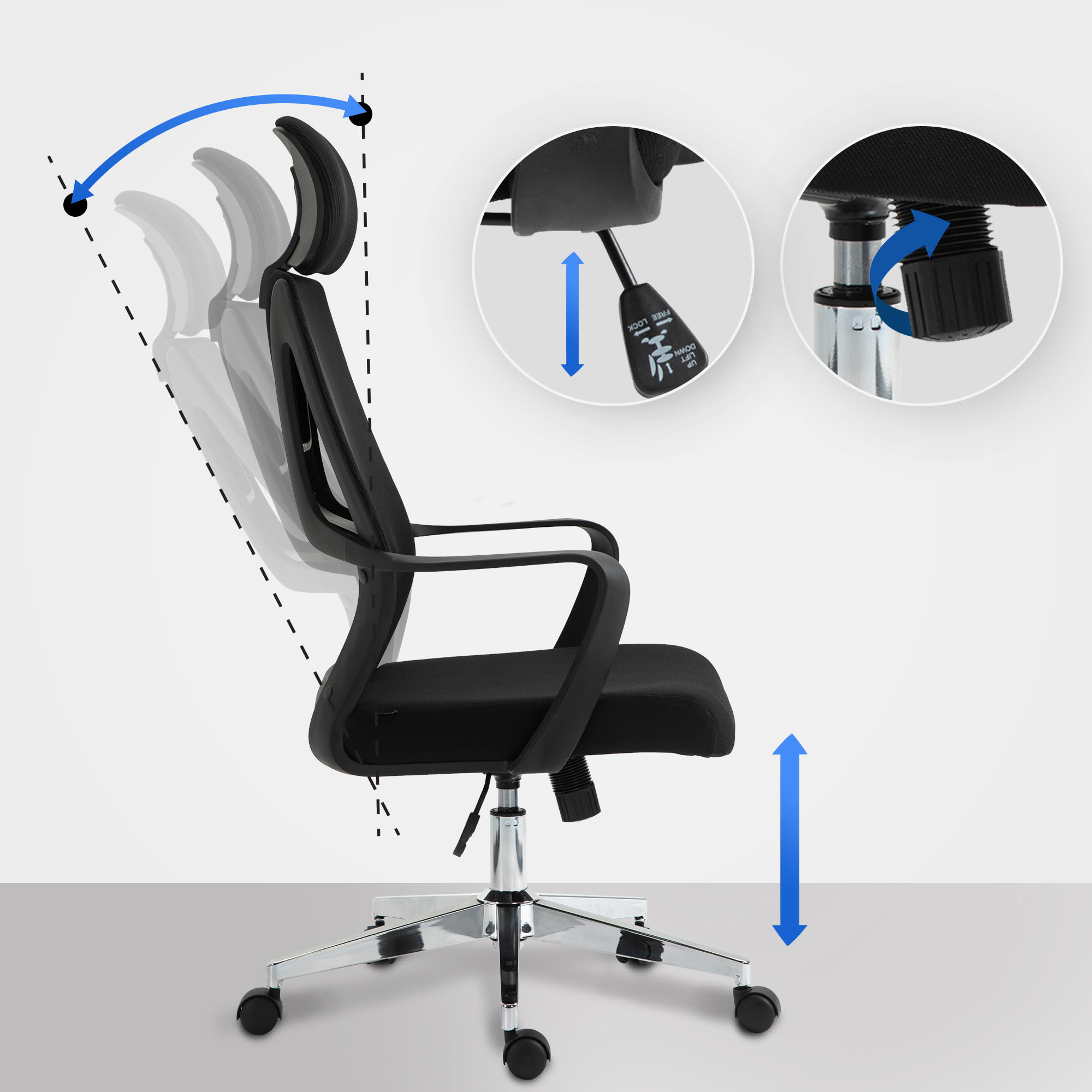 Bürostuhl ergonomisch mit Kopfstütze - Stoff - Schwarz - WALLSREET