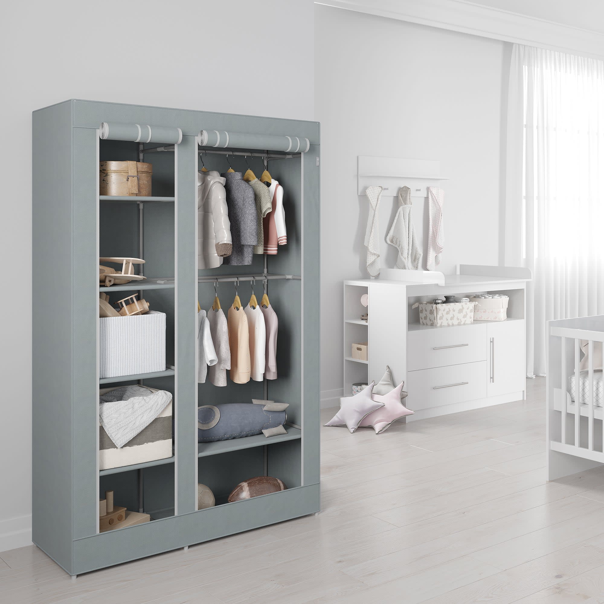 2-türiger kleiderschrank aus textil, grau little stars | maisons