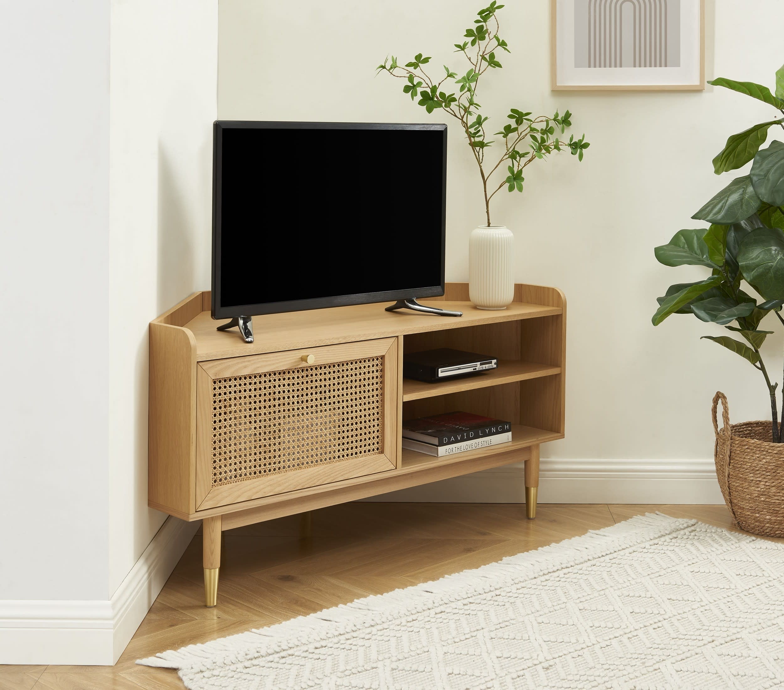 Meuble tv d'angle Leon en placage chêne et cannage rotin (largeur 120cm)