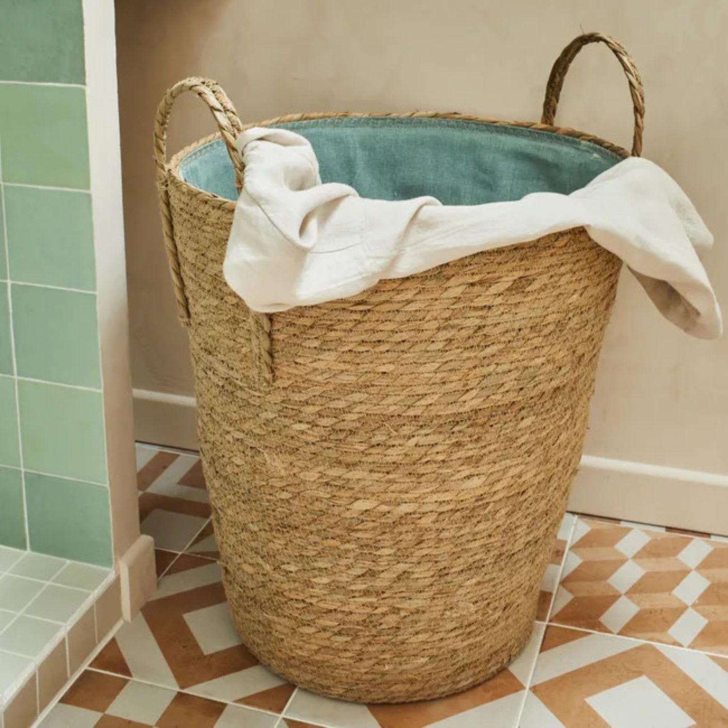 Panier à linge GoodHome Bonetta capacité 44 litres coloris jonc de mer et  blanc en polyester et jonc de mer l.53 x P.50 x H.65 cm