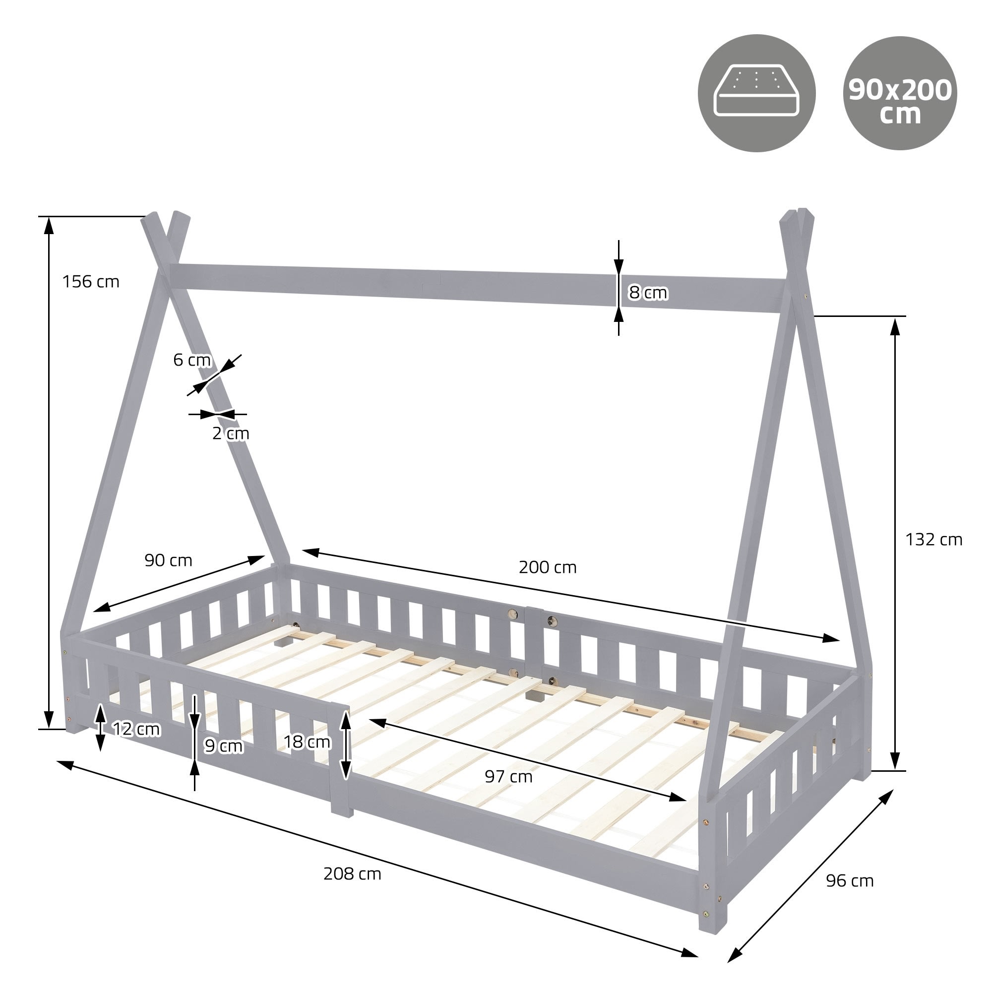 Lettino per bambini tenda indiana in legno di pino grigio 200 x 90 cm