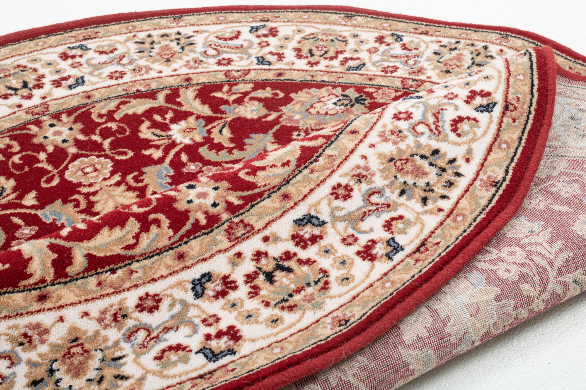 Tapis d'orient floral, tissé, laine naturelle rouge Diam 133 cm
