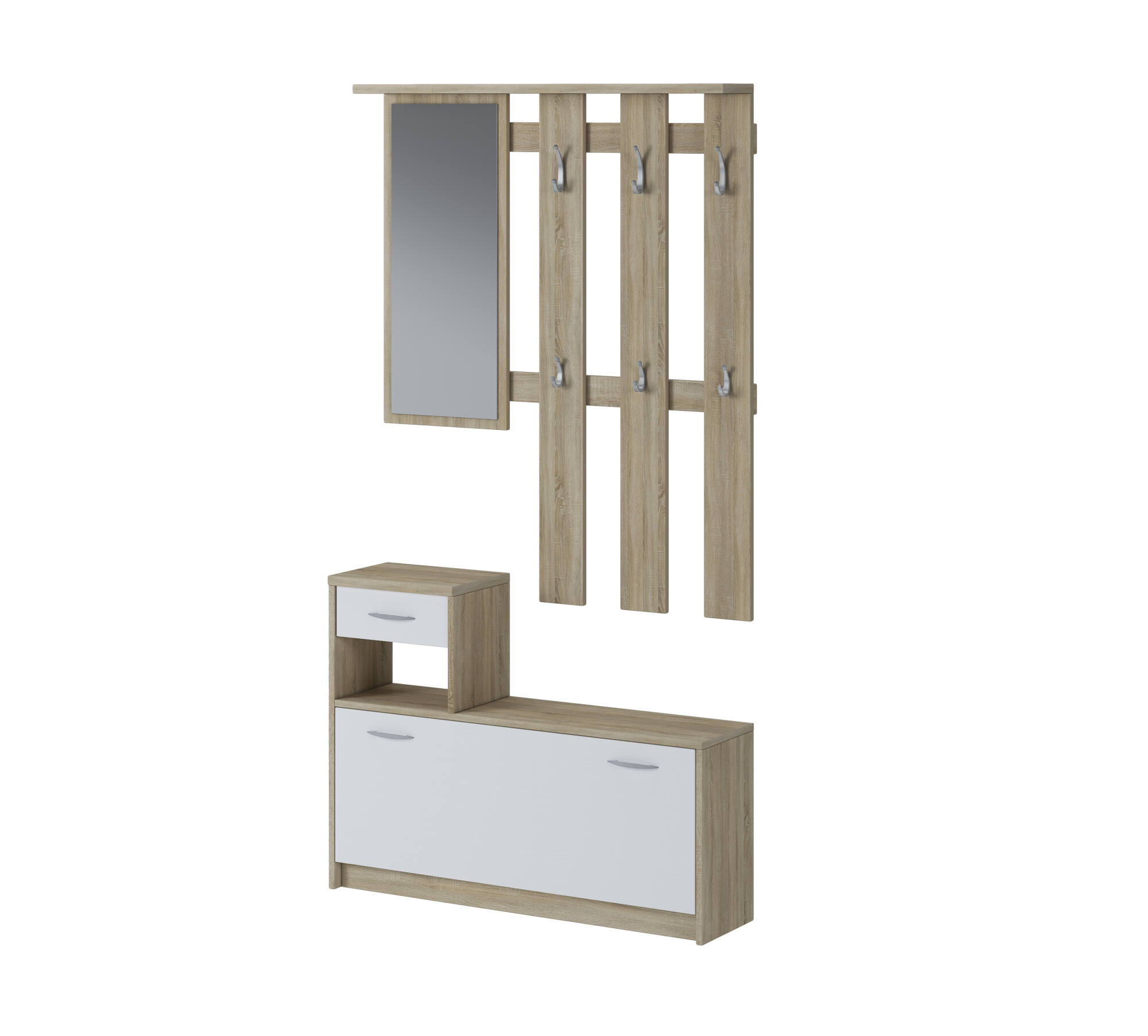 Eingangsmöbel Djohnse, Moderner Eingangsbereich mit Kleiderbügel, Möbel mit  Schuhregal, Schrank mit Spiegel, Cm 50x32h182, Weiß und Zement