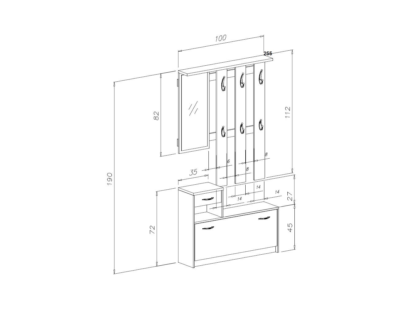 Dmora Eingangsmöbel mit Spiegel, Eingang für Flur mit Schublade,  Taschenleerer für kleine Wohnungen, cm 100x27h155, Farbe Zement und Weiß