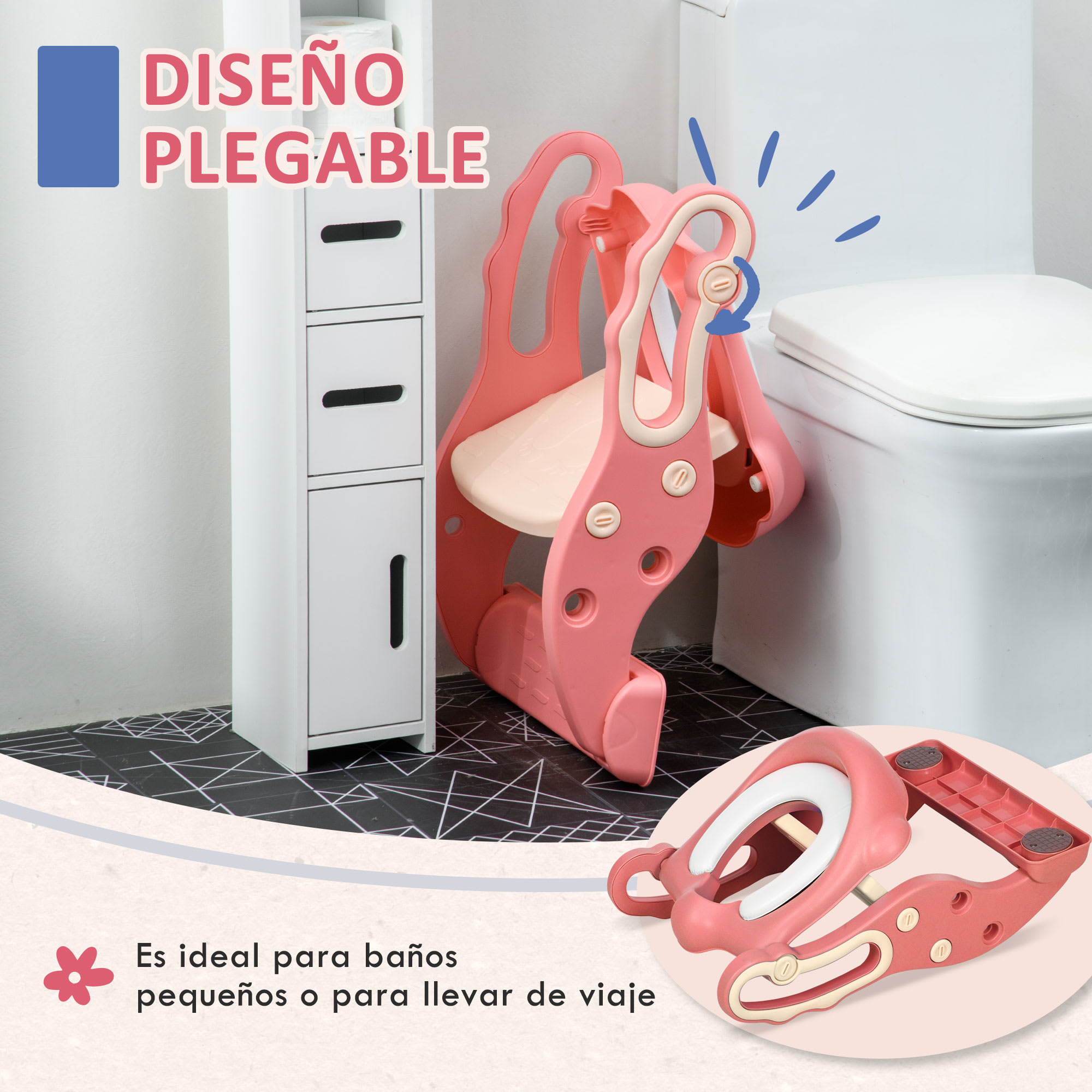ZONEKIZ Adaptador WC para Niños con Escalera Asiento de Inodoro para Niños  de 2-6 Años Plegable Ajustable 67,9x42,8x51,5 cm Rosa