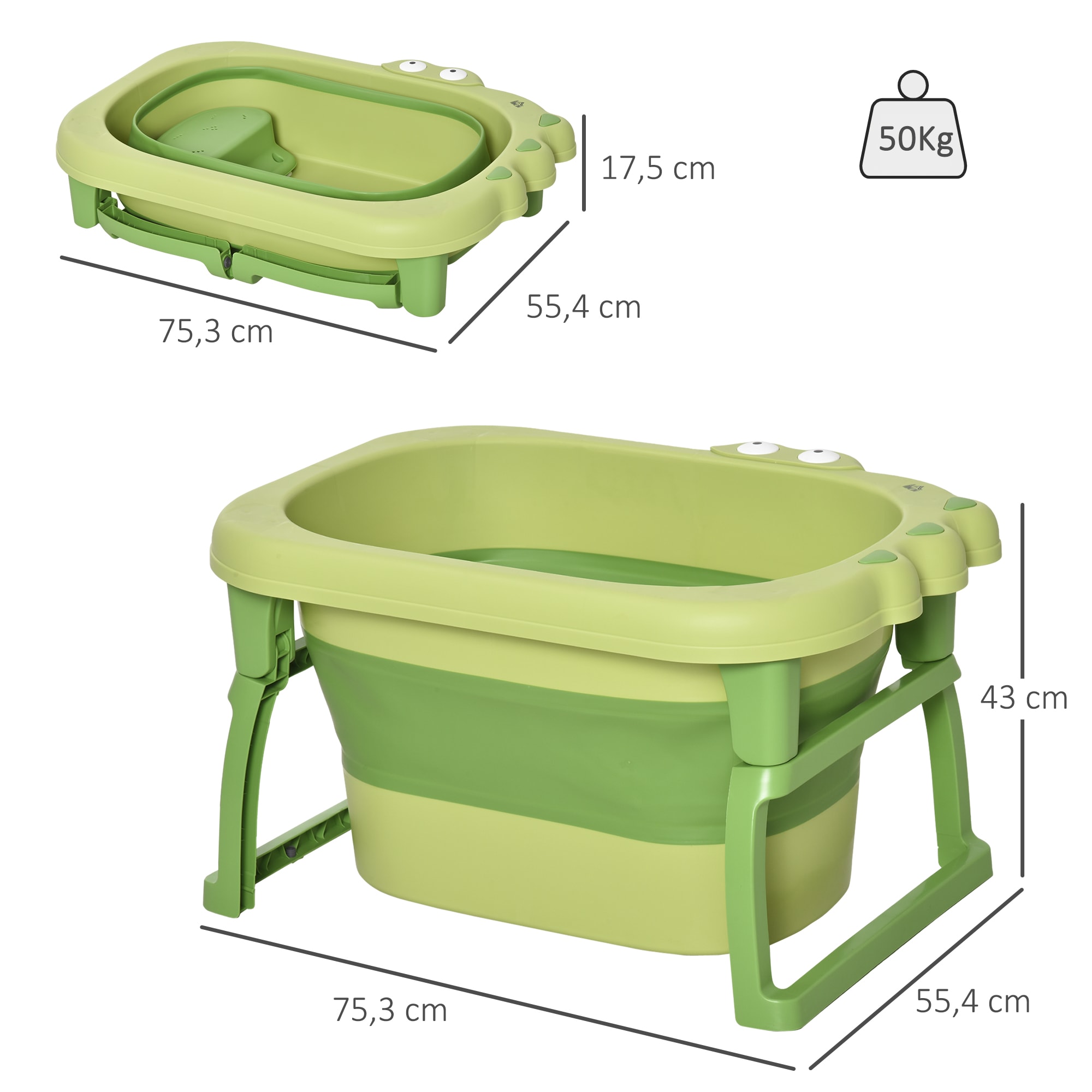 HOMCOM Bañera Plegable para Bebé Bañera Portátil para Niños con Patas  Antideslizantes 75,3x55,4x43 cm Verde